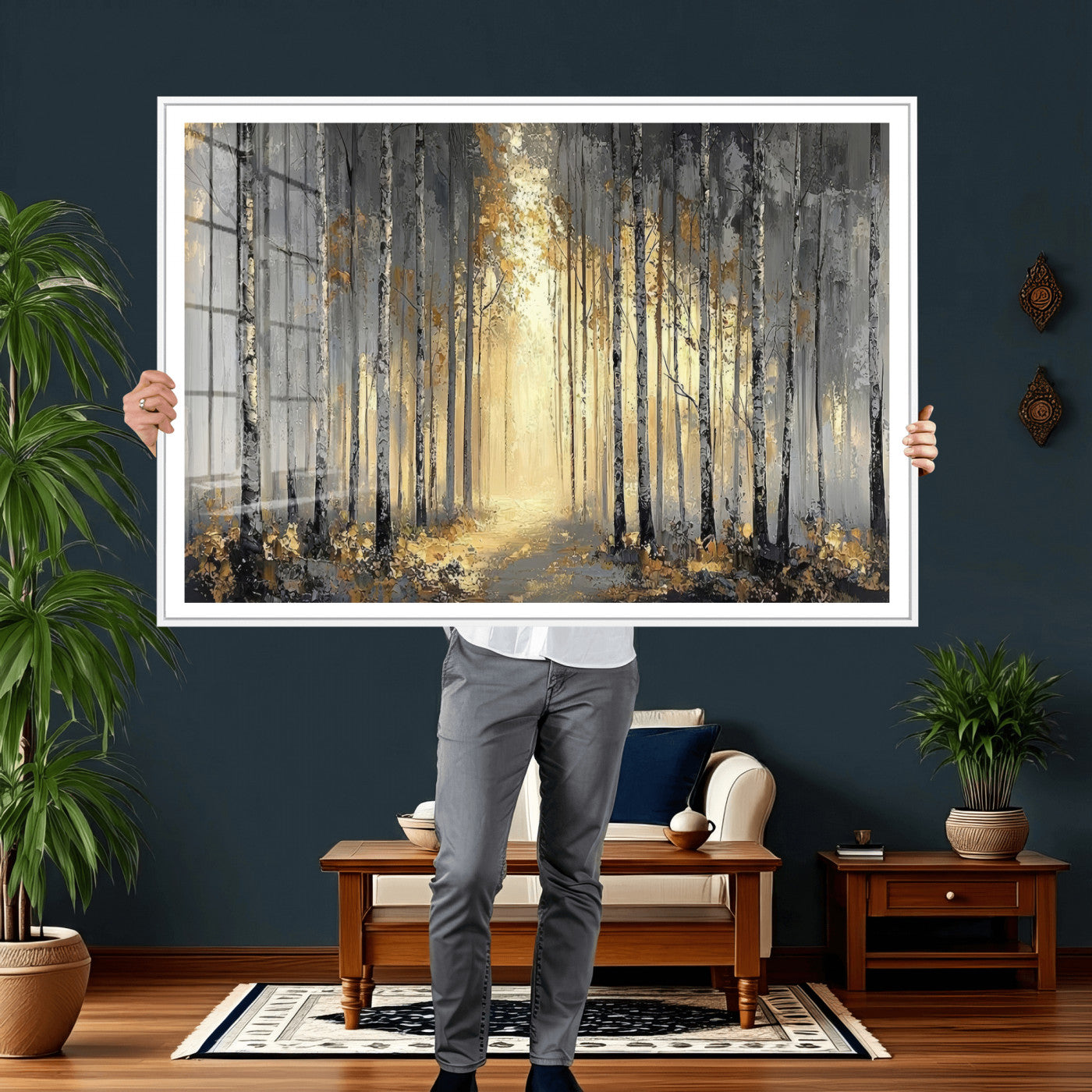 41017042-MGV-CV-36X24 - Abstract Birch Forest Wall Art Canvas Print – Modern Neutral Woodland Landscape Artwork for Living Room Decor
