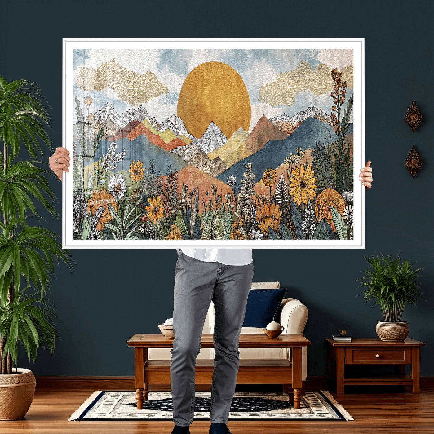 17540863-MGV-CV-36X24 - Boho Mountain Landscape Large Wall Art, Horizontal Gold Framed Canvas Print with Sun and Flowers