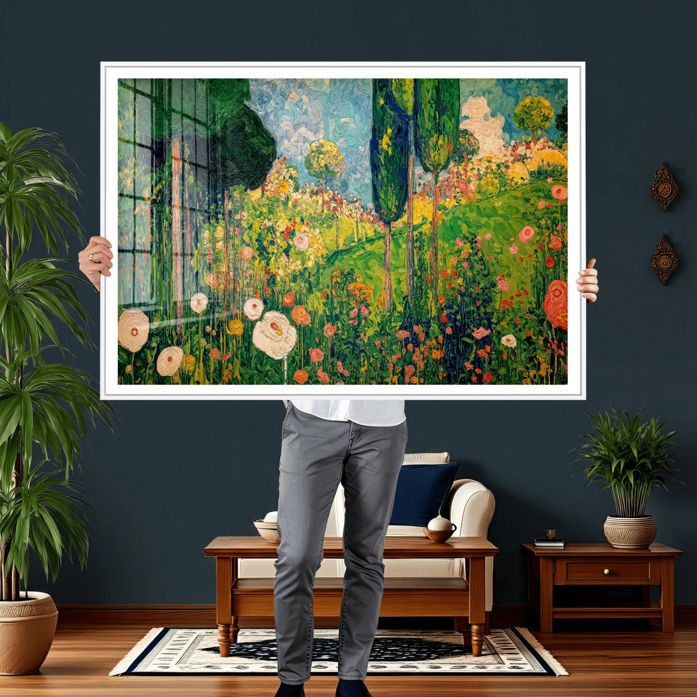 83517974-MGV-CV-36X24 - Gustav Klimt Boho Mountain Landscape Large Wall Art, Horizontal Gold Framed Canvas Print with Sun and Flowers