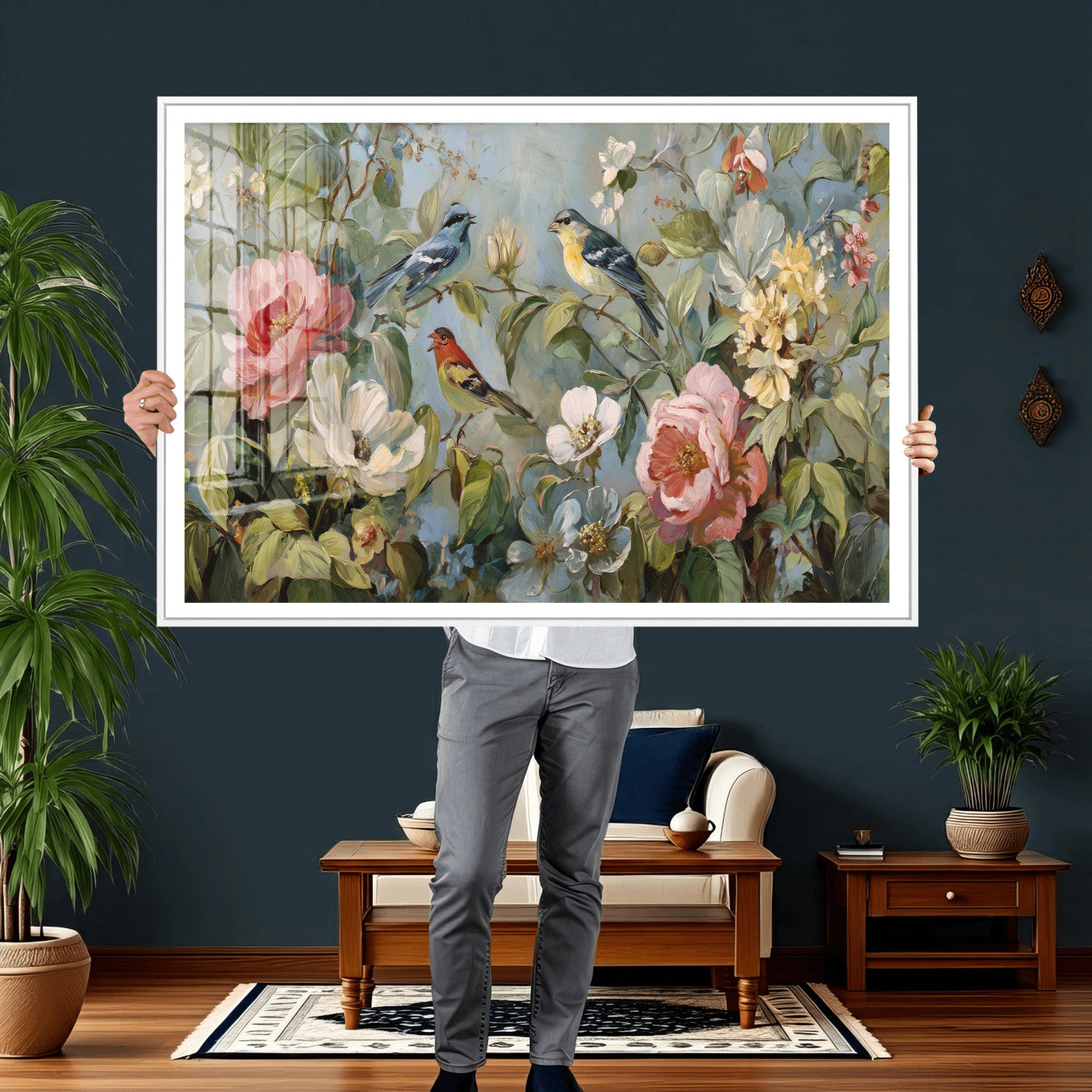 55440837-MGV-CV-36X24 - Vintage Birds and Flowers Wall Art Canvas Print, Botanical Bird Painting Canvas Print, Floral Garden Bird Artwork Canvas Print, Classic Bird Flower Painting Canvas Print