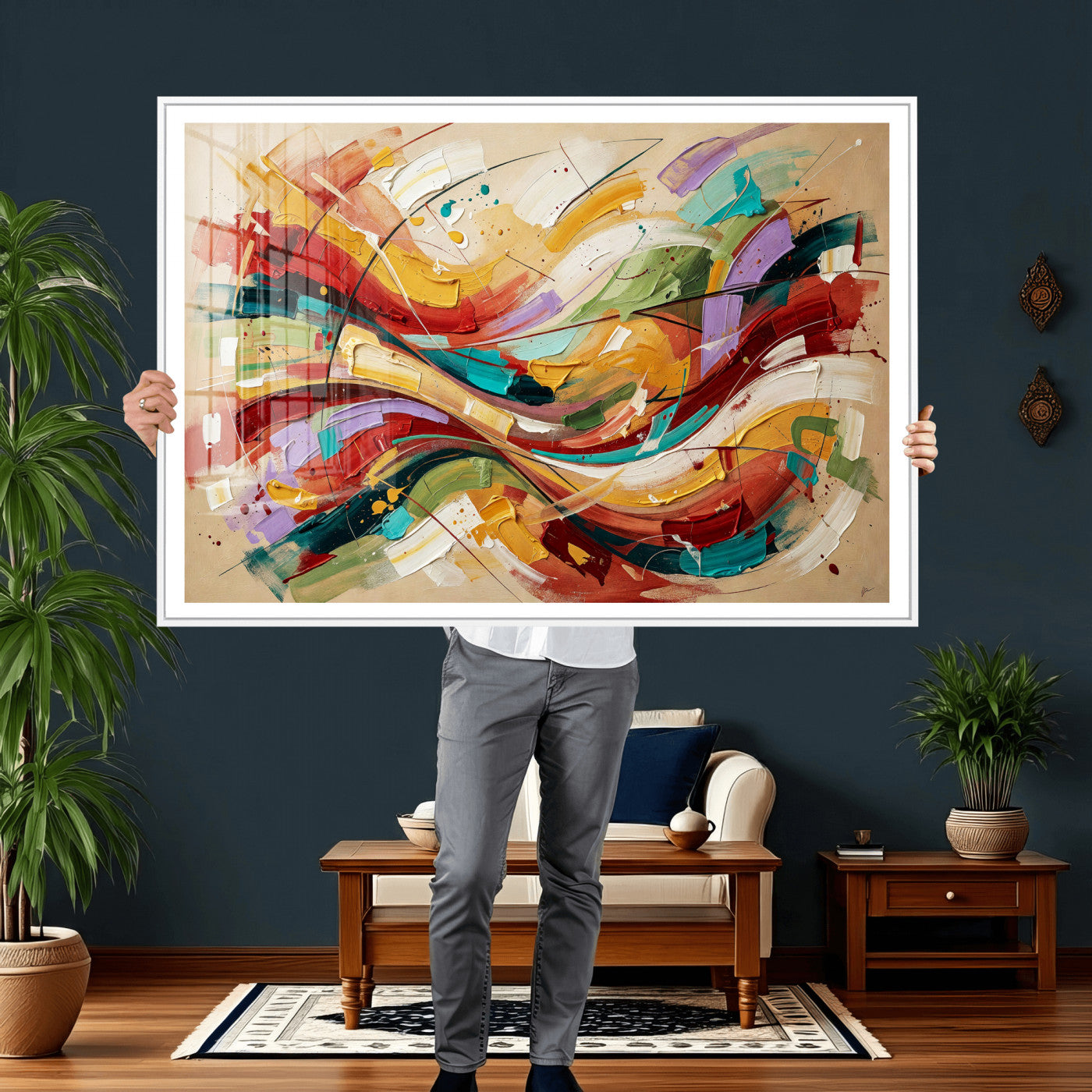 39887645-MGV-CV-36X24 - Geometric Abstract Wall Art Canvas Print, Orange Blue Abstract Expressionist Painting Print, Modern Geometric Abstract Canvas Art