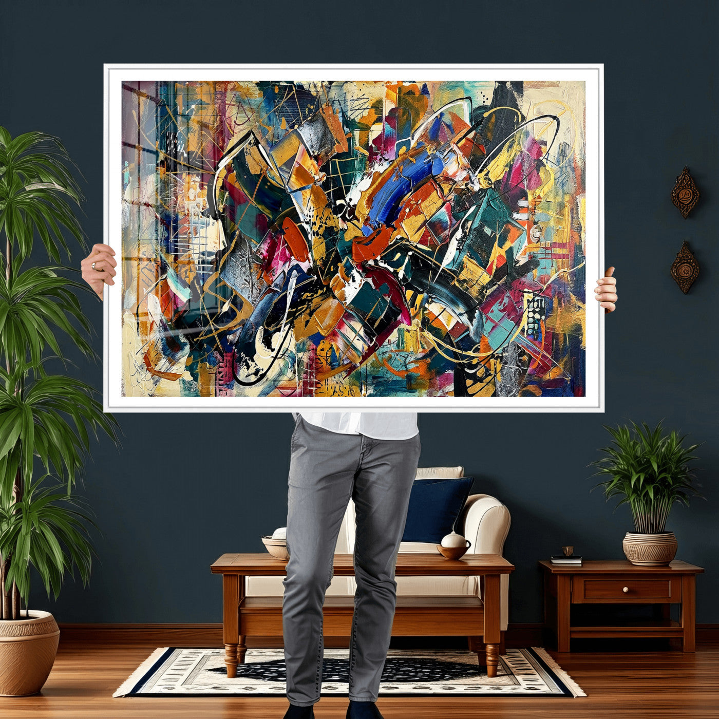 15525527-MGV-CV-36X24 - Geometric Abstract Wall Art Canvas Print, Orange Blue Abstract Expressionist Painting Print, Modern Geometric Abstract Canvas Art