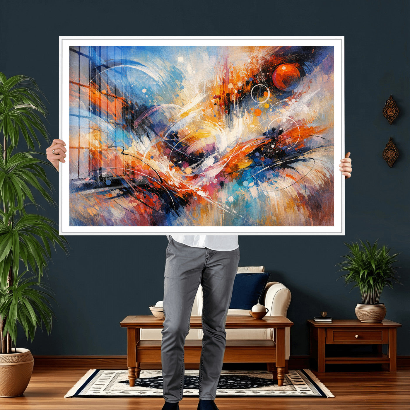 47770355-MGV-CV-36X24 - Geometric Abstract Wall Art Canvas Print, Orange Blue Abstract Expressionist Painting Print, Modern Geometric Abstract Canvas Art