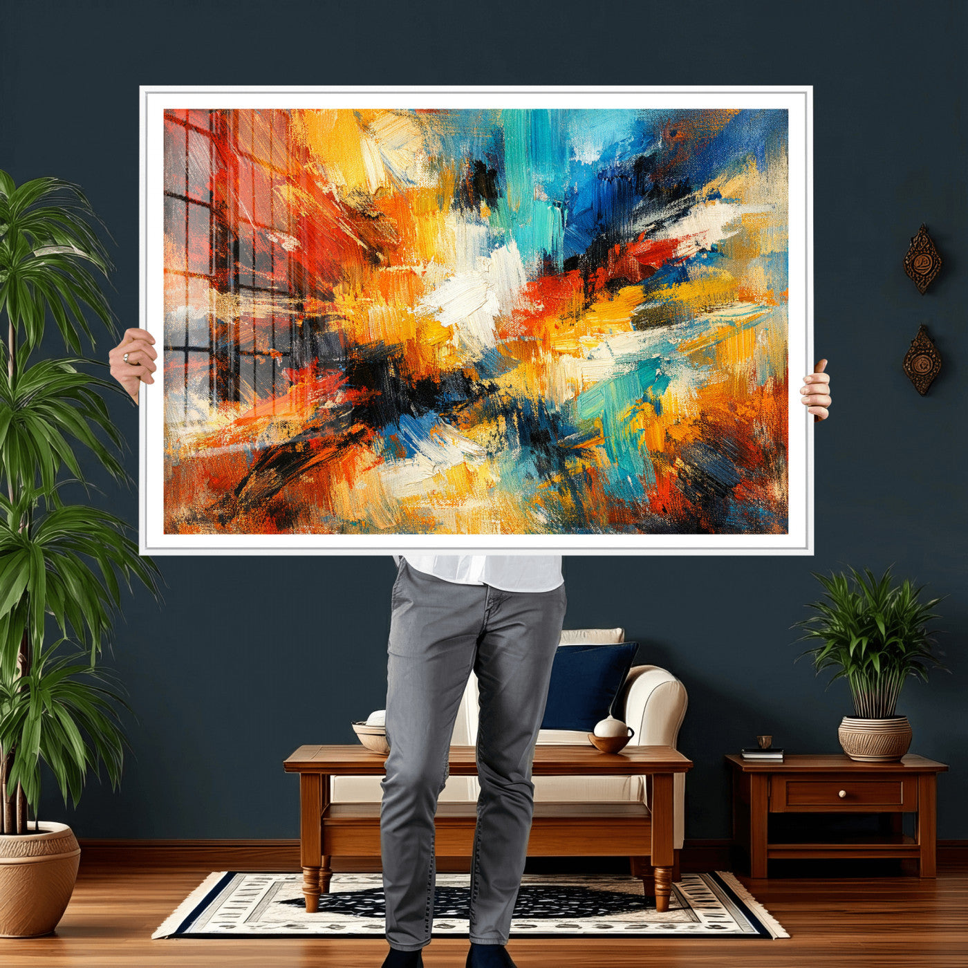 93167583-MGV-CV-36X24 - Geometric Abstract Wall Art Canvas Print, Orange Blue Abstract Expressionist Painting Print, Modern Geometric Abstract Canvas Art