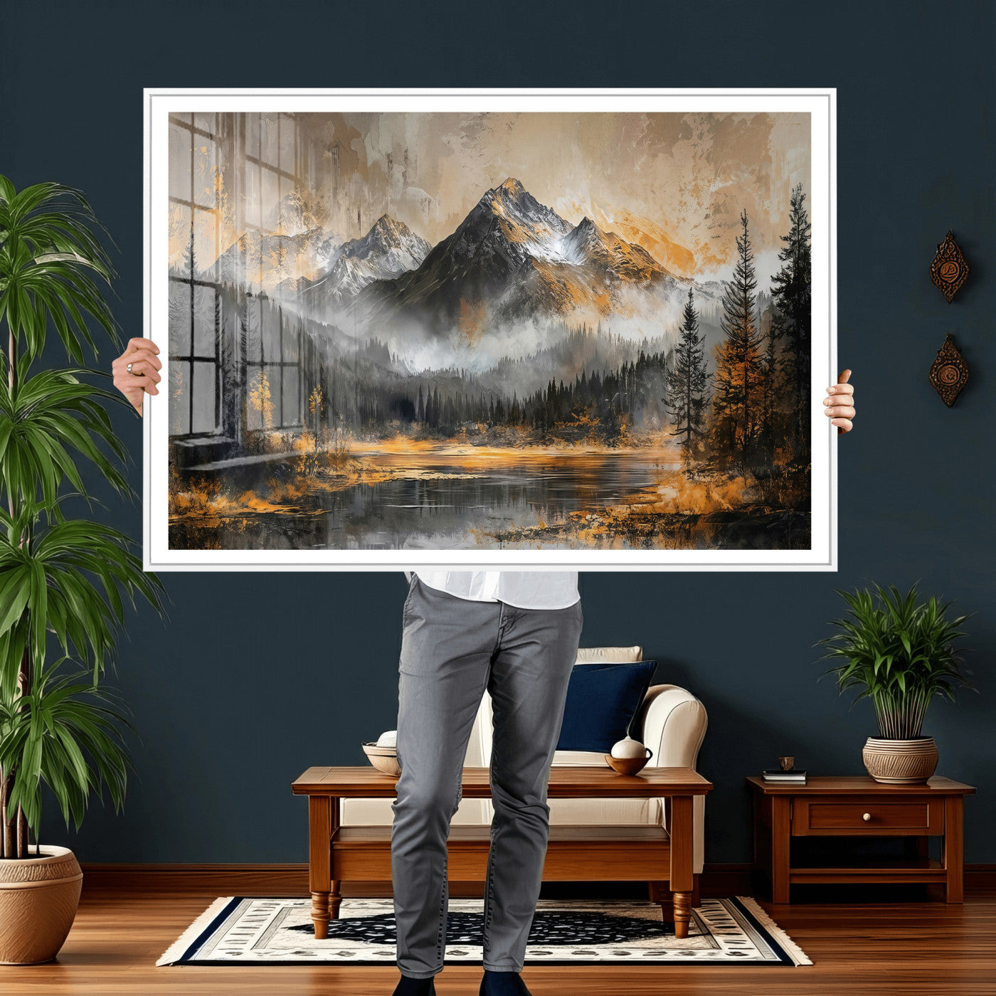 4712069D1-MGV-CV-36X24 - Mountain Lake Canvas Wall Art — Rustic Forest Landscape Print | Gold Grey Nature Decor | Cabin Wall Art | Large Wilderness Art Print Gift