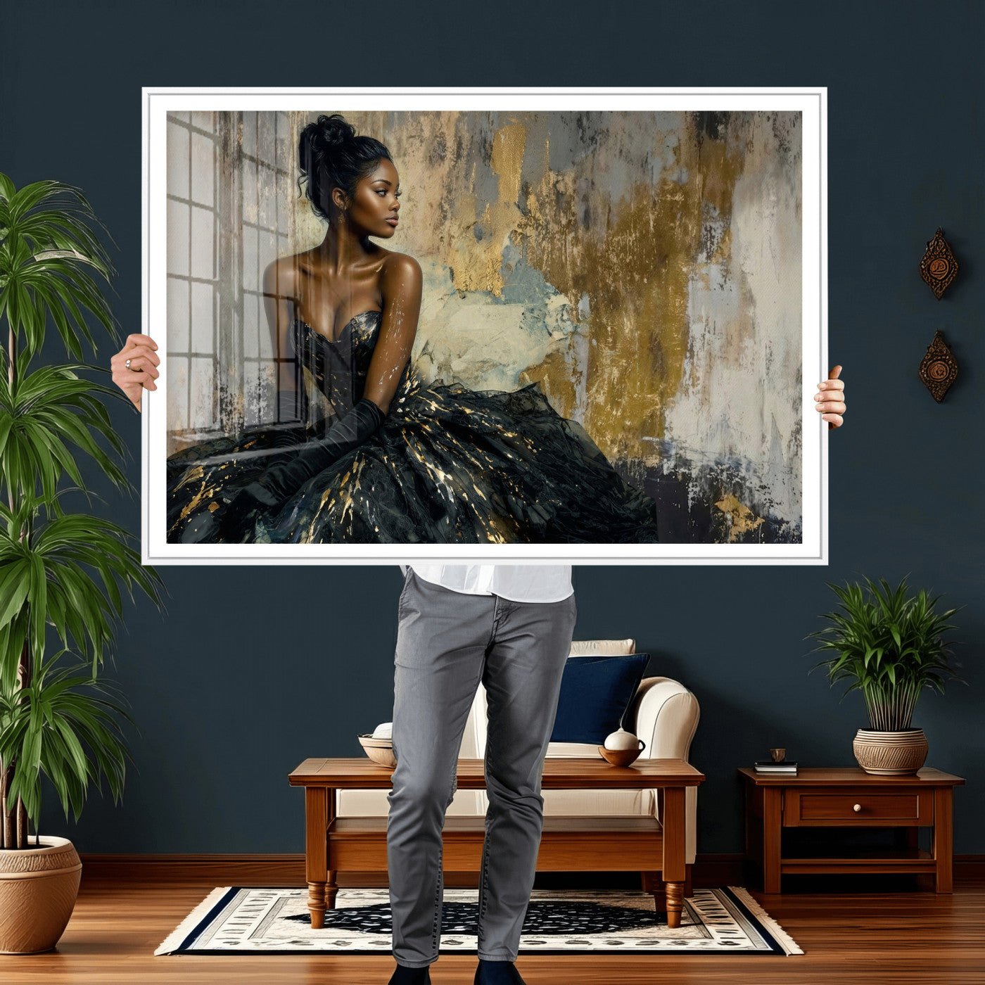 4712069Z1-MGV-CV-36X24 - Elegant Woman Canvas Wall Art — Black Gold Gown Fashion Print | Luxury Glam Wall Decor | African American Art | Bold Bedroom Wall Art Gift