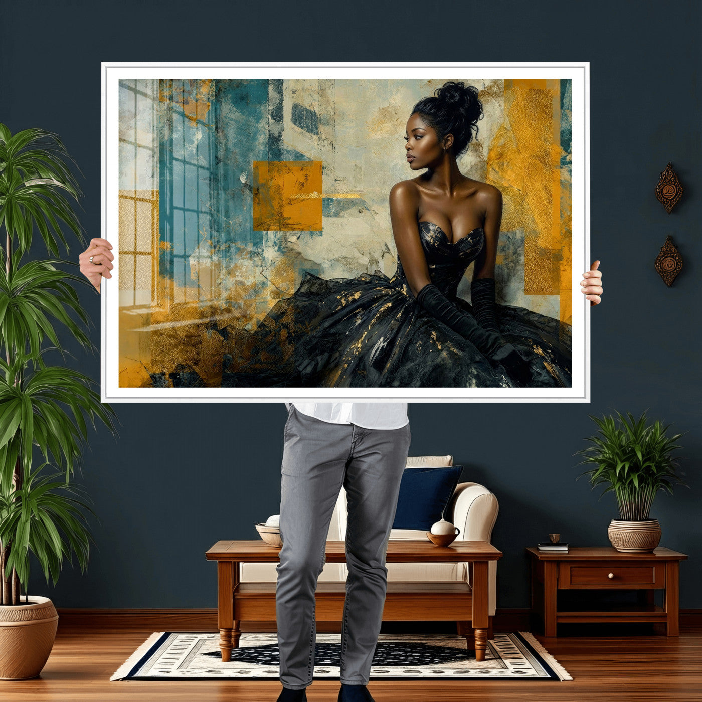 4712069Z21-MGV-CV-36X24 - Elegant Woman Canvas Wall Art — Black Gold Gown Fashion Print | Luxury Glam Wall Decor | African American Art | Bold Bedroom Wall Art Gift