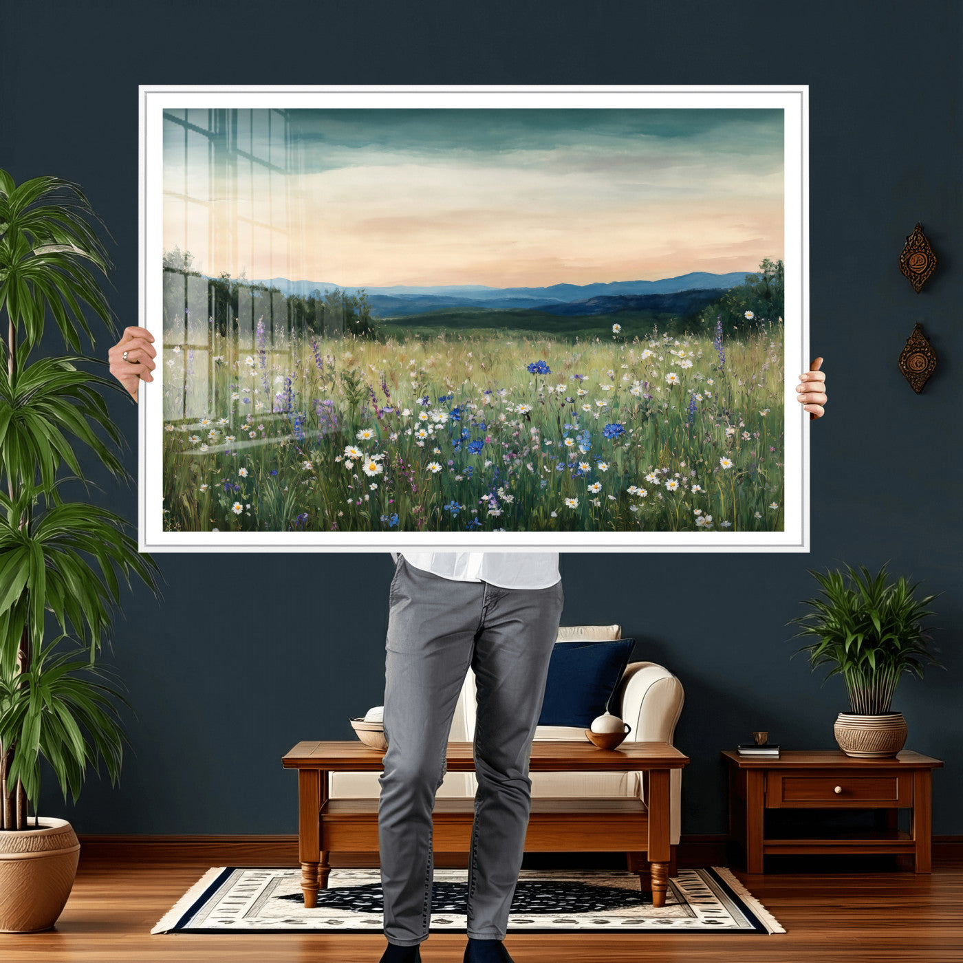 35773805-MGV-CV-36X24 - Wildflower Meadow Oil Painting Canvas — Daisy Lavender Mountain Sunset Print | Cottagecore Floral Wall Art | Bedroom Decor Gift for Her