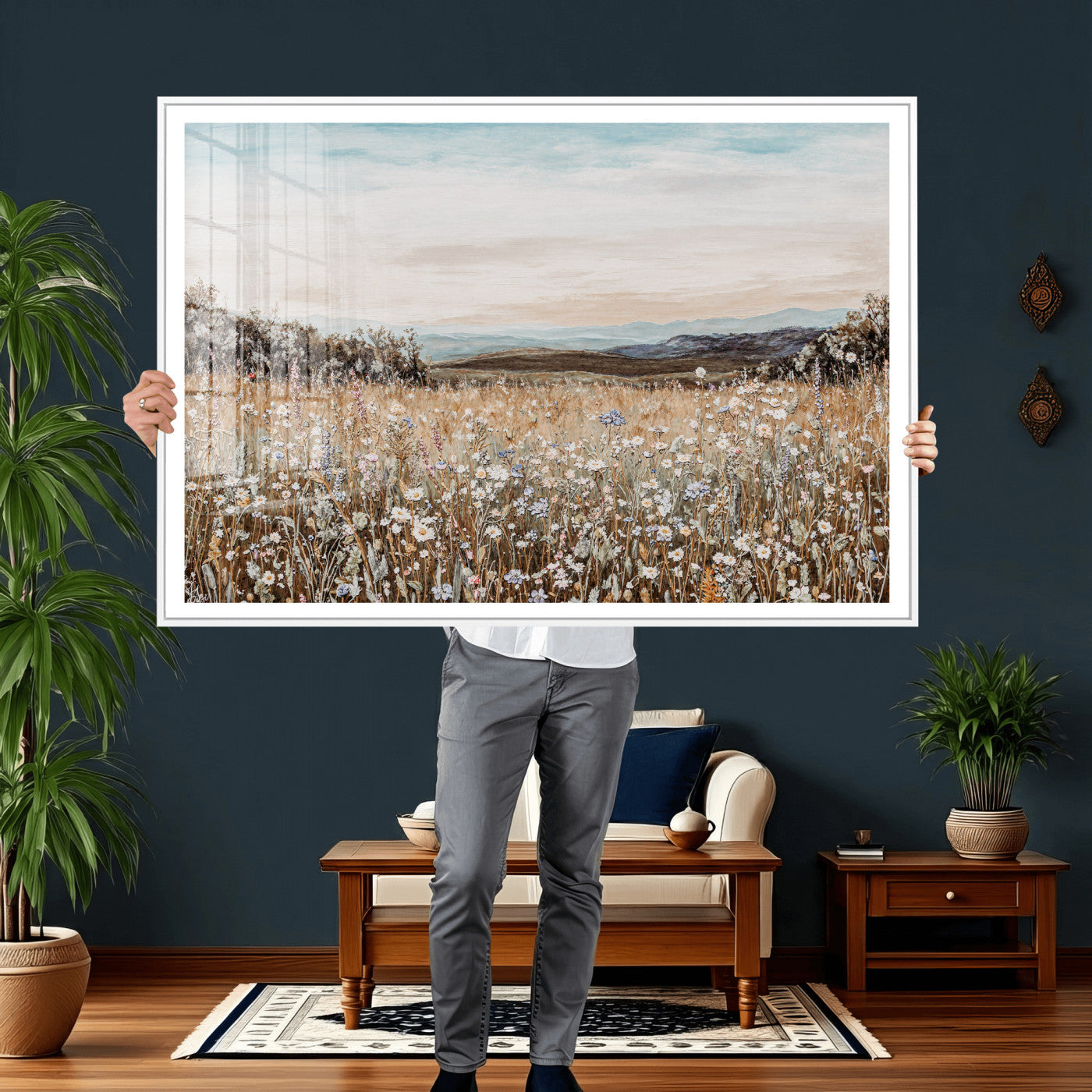 F35773805-MGV-CV-36X24 - Neutral Wildflower Field Canvas Wall Art — Beige Earth Tone Botanical Meadow Print | Farmhouse Boho Decor | Bedroom Living Room Gift Her