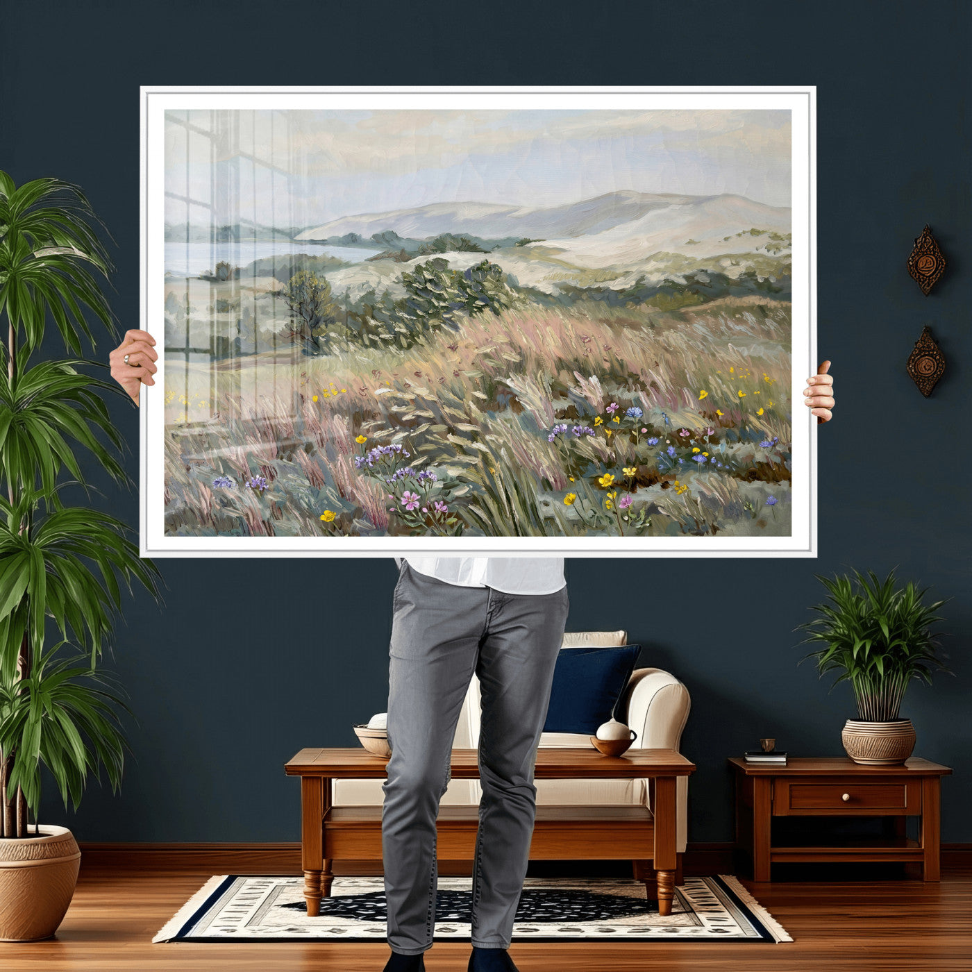 18013232-MGV-CV-36X24 - Katie Staples Hillside Canvas Wall Art — Coastal Wildflower Dune Oil Painting Print | Muted Green Nature Decor | Plein Air Landscape Gift