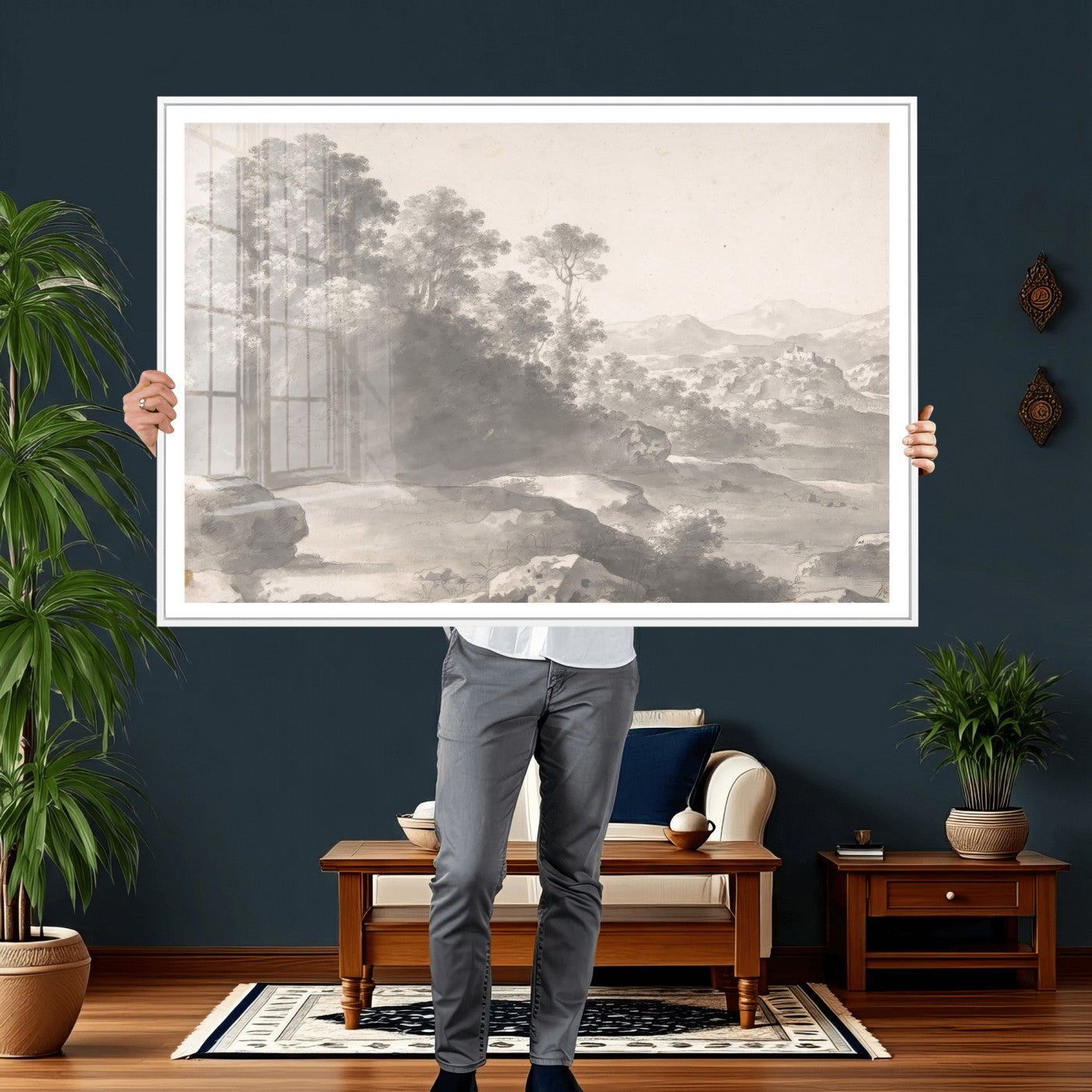 33041209-MGV-CV-36X24 - Van Poelenburch Landscape Canvas Wall Art — Dutch Golden Age Gray Wash Drawing Print | Baroque Italianate Nature Decor | Old Master Classic Gift
