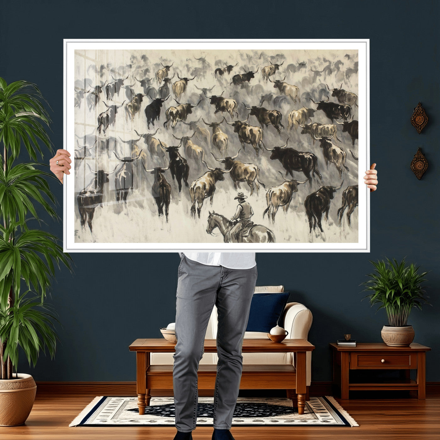 48049876-MGV-CV-36X24 - Cowboy Cattle Drive Canvas Wall Art, Western Longhorn Herd Ink Painting Print, Ranch Rodeo Decor, Black White Western Art, Large Living Room Art