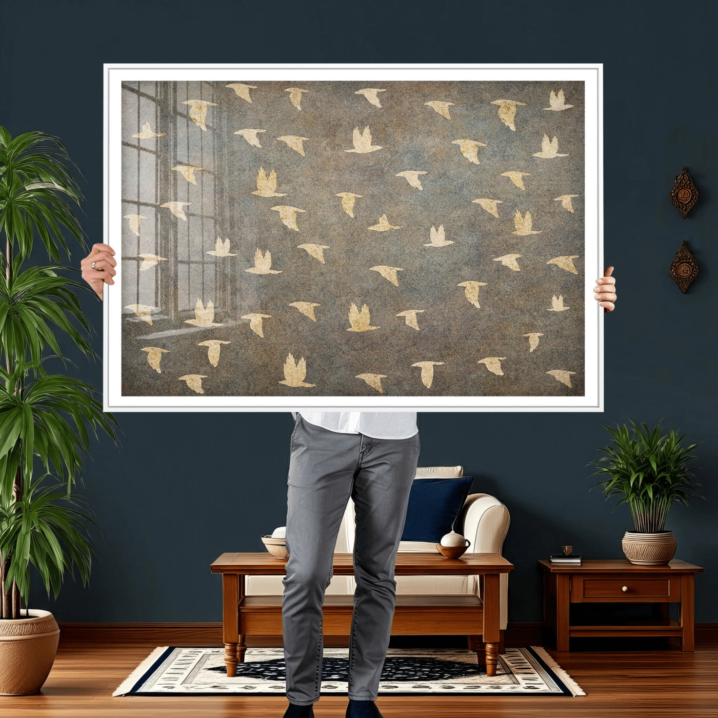 74076164-MGV-CV-36X24 - Flying Birds Canvas Wall Art, Vintage Bird Flock Pattern Print, Grey Gold Abstract Nature Decor, Rustic Bird Silhouette Art, Boho Living Room Decor