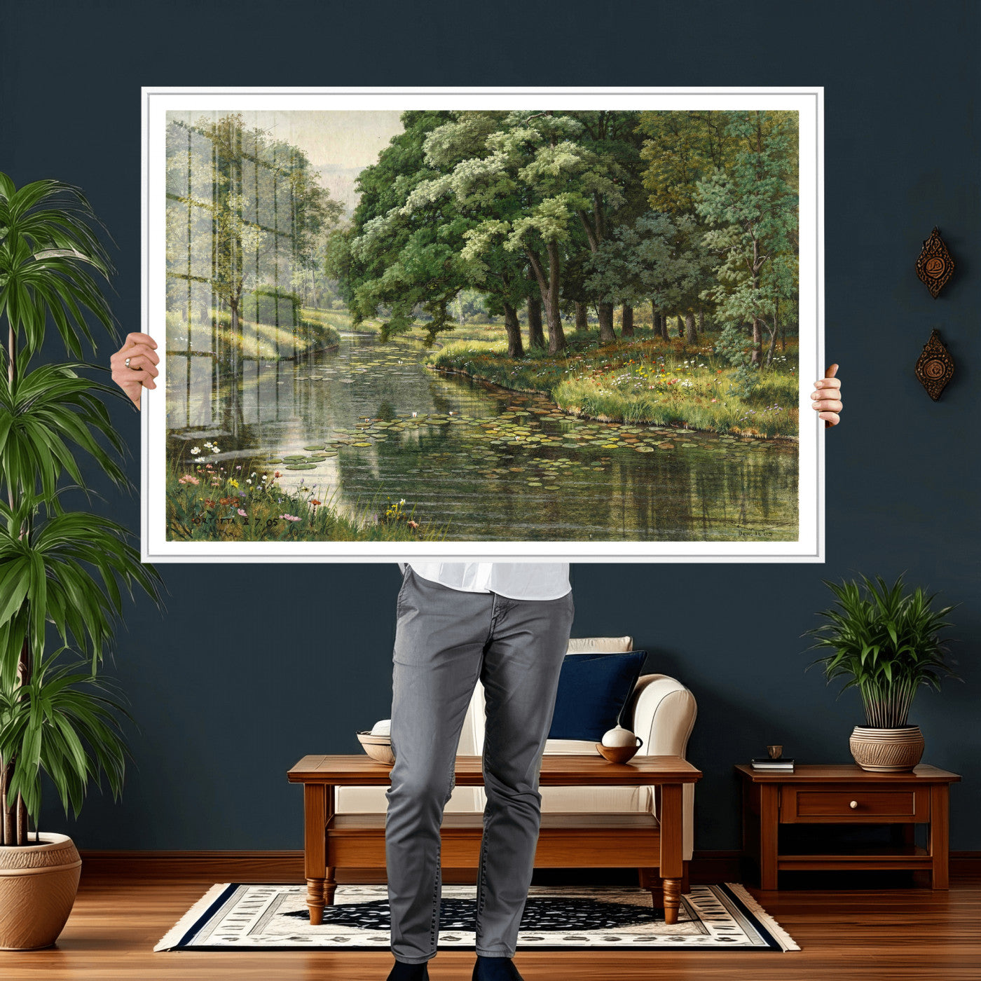 44288560-MGV-CV-36X24 - Forest Stream Canvas Wall Art, Peder Monsted A Forest Stream 1905 Print, Danish Realist Landscape, Lily Pad River Nature Decor, Vintage Green Painting