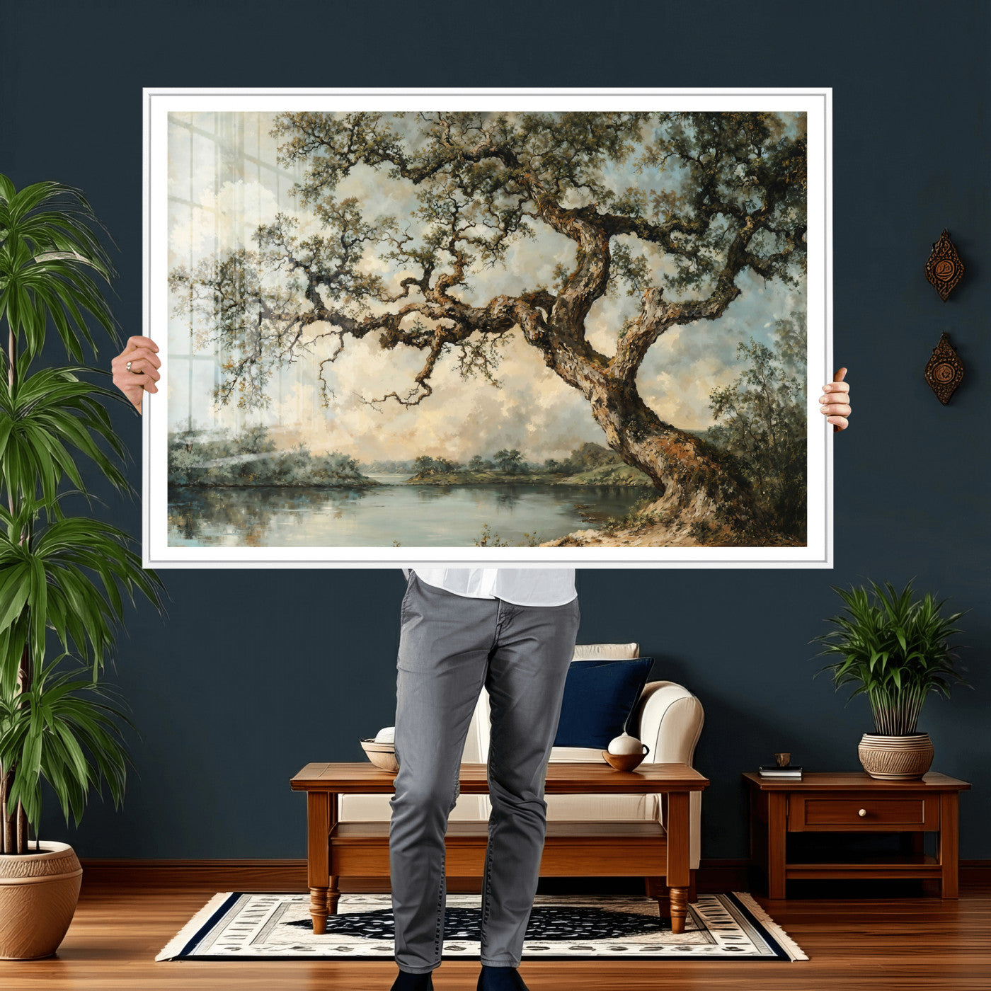 63857726-MGV-CV-36X24 - Old Oak Tree Canvas Wall Art, Turner Inspired Romantic Landscape Print, Vintage Nature Painting, Living Room Wall Decor, Antique Style Tree Art