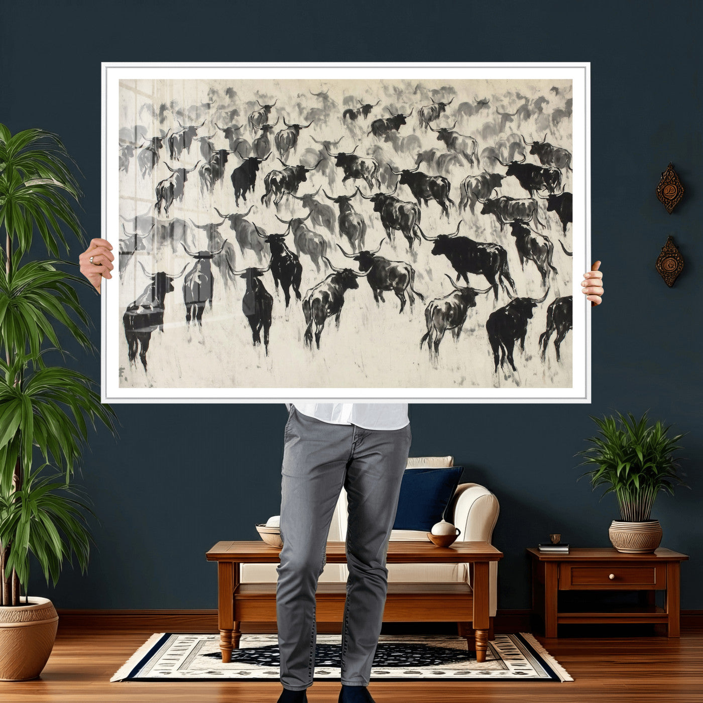 68669792-MGV-CV-36X24 - Longhorn Cattle Canvas Wall Art, Black White Stampede Ink Painting Print, Western Farmhouse Decor, Bull Herd Art, Large Living Room Wall Art, Ranch Home Decor