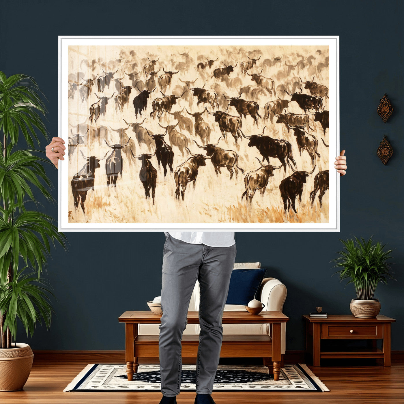 39077774-MGV-CV-36X24 - Texas Longhorn Sepia Canvas Wall Art, Western Cattle Stampede Painting Print, Warm Amber Ranch Decor, Rustic Cowboy Home Art, Large Living Room Decor