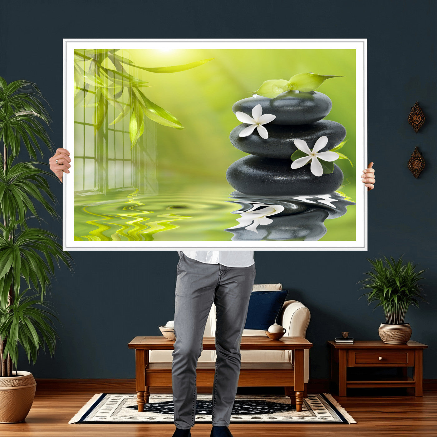 51106626-MGV-CV-36X24 - Plumeria Frangipani Black Stone Canvas | White Flower Spa Photography Print | Tropical Zen Wall Art | Grey Pebble Floral for Meditation Yoga Room Decor