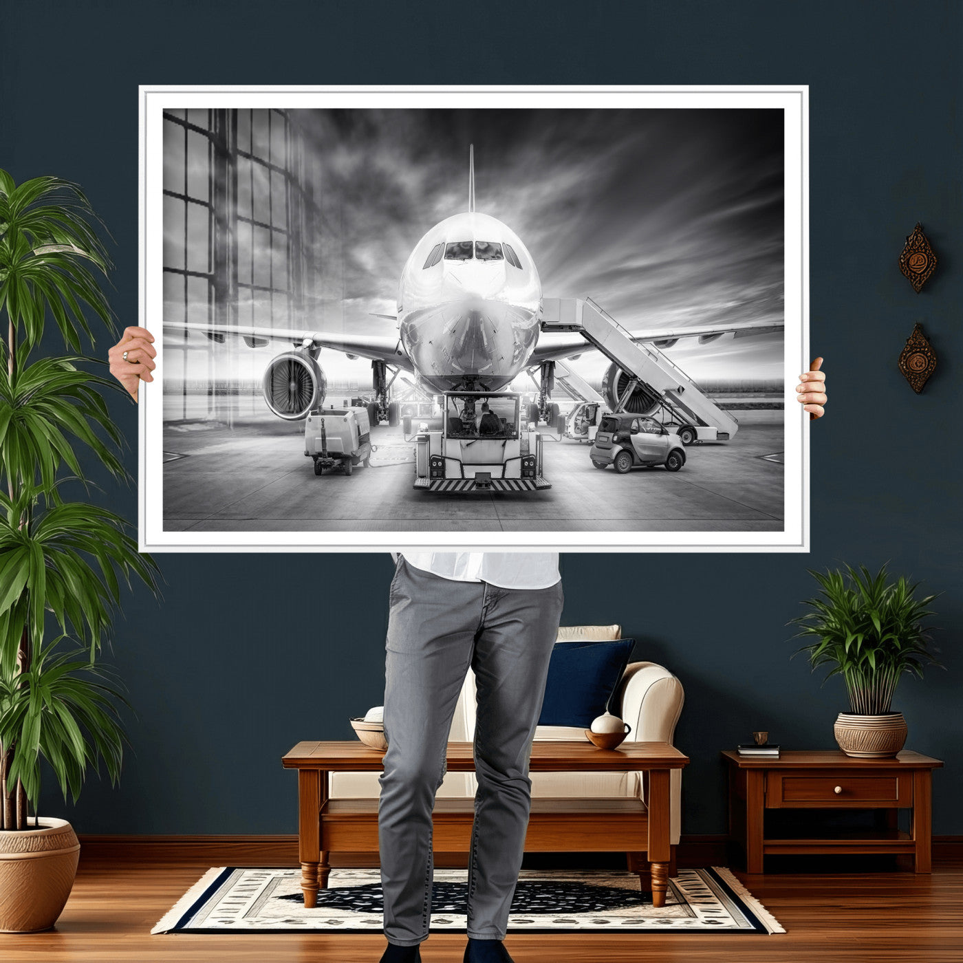 85885848-MGV-CV-36X24 - Airplane Wall Art Canvas Print, Black and White Jet Aircraft Airport Runway Framed Aviation Artwork for Pilot Office Hangar Travel Decor