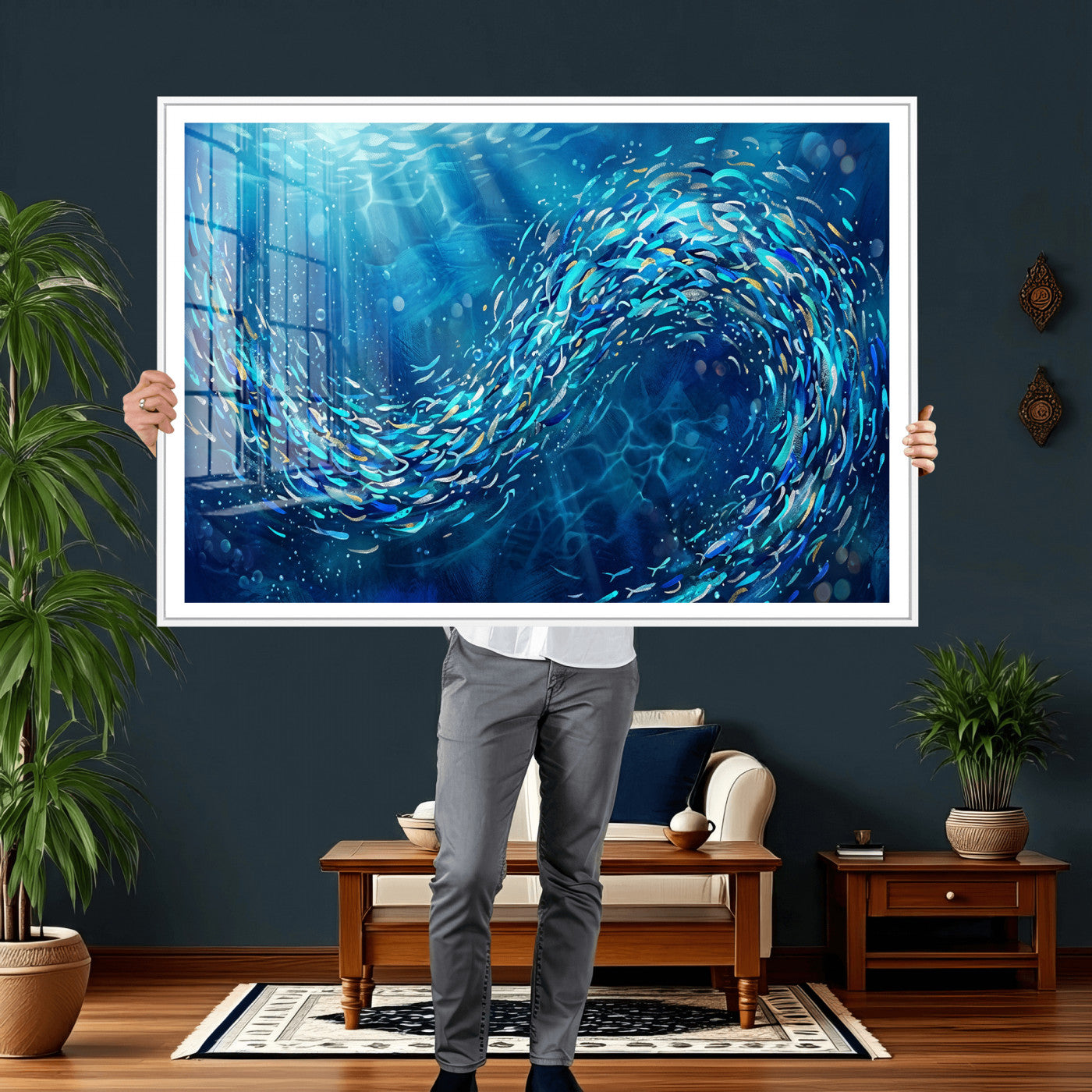 54535639-MGV-CV-36X24 - School of Fish Canvas Print | Blue Ocean Underwater Wall Art | Swirling Fish Shoal Illustration | Marine Navy Coastal Decor