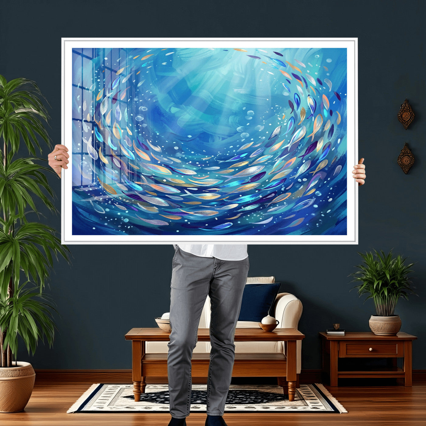 78699899-MGV-CV-36X24 - School of Fish Canvas Print | Blue Ocean Underwater Wall Art | Swirling Fish Shoal Illustration | Marine Navy Coastal Decor