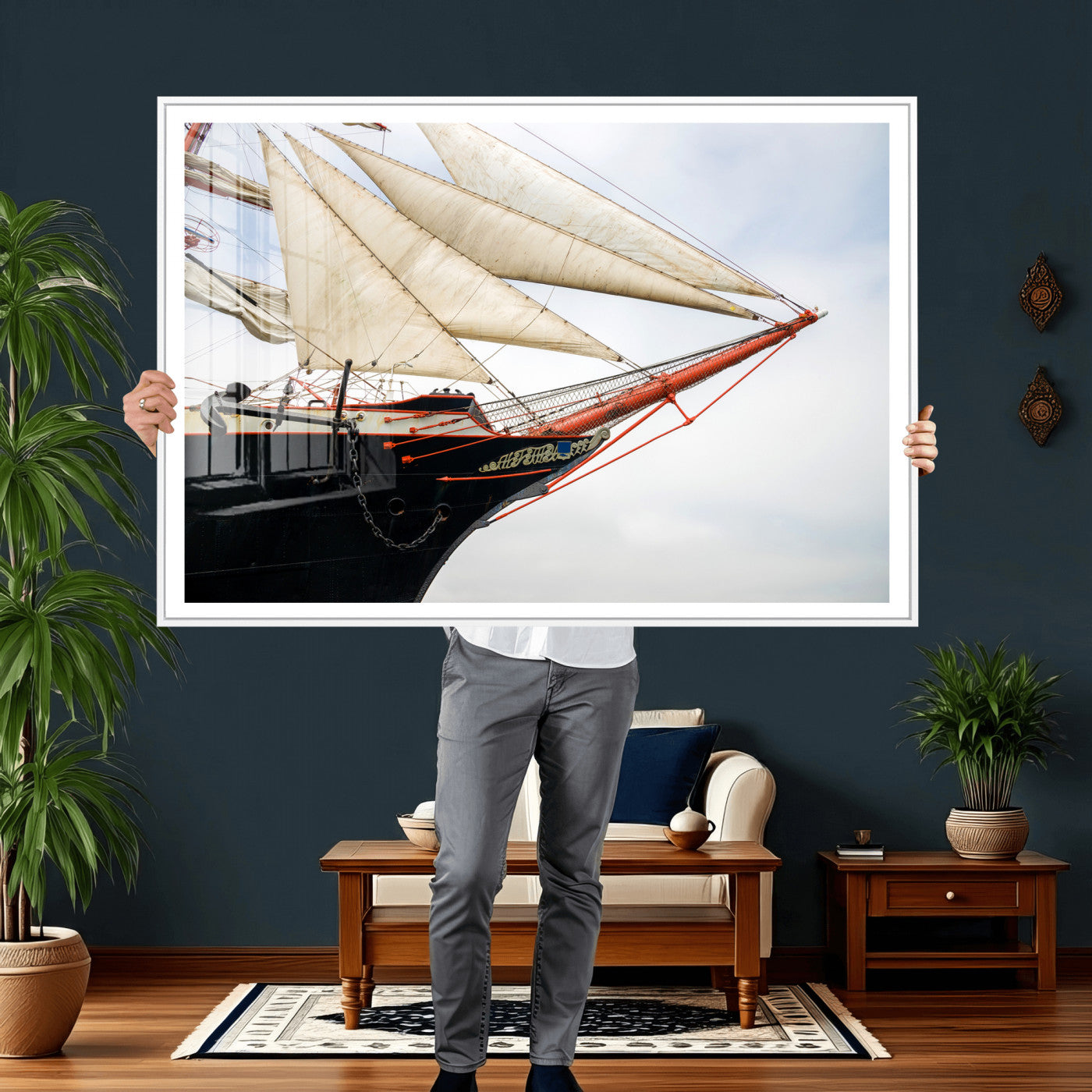 64830036-MGV-CV-36X24 - Sailboat Wall Art Canvas Print, Vintage Ship Bow Framed Artwork, Nautical Sailing Decor for Living Room Office Beach House
