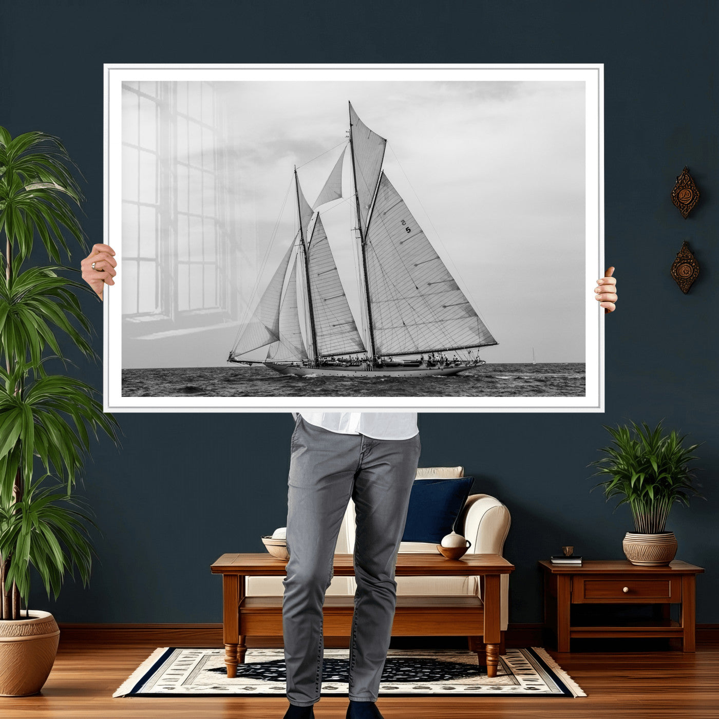 52882918-MGV-CV-36X24 - Vintage Sailboat Wall Art Canvas Print, Black and White Schooner Framed Artwork, Nautical Ocean Sailing Decor for Living Room Office Beach House
