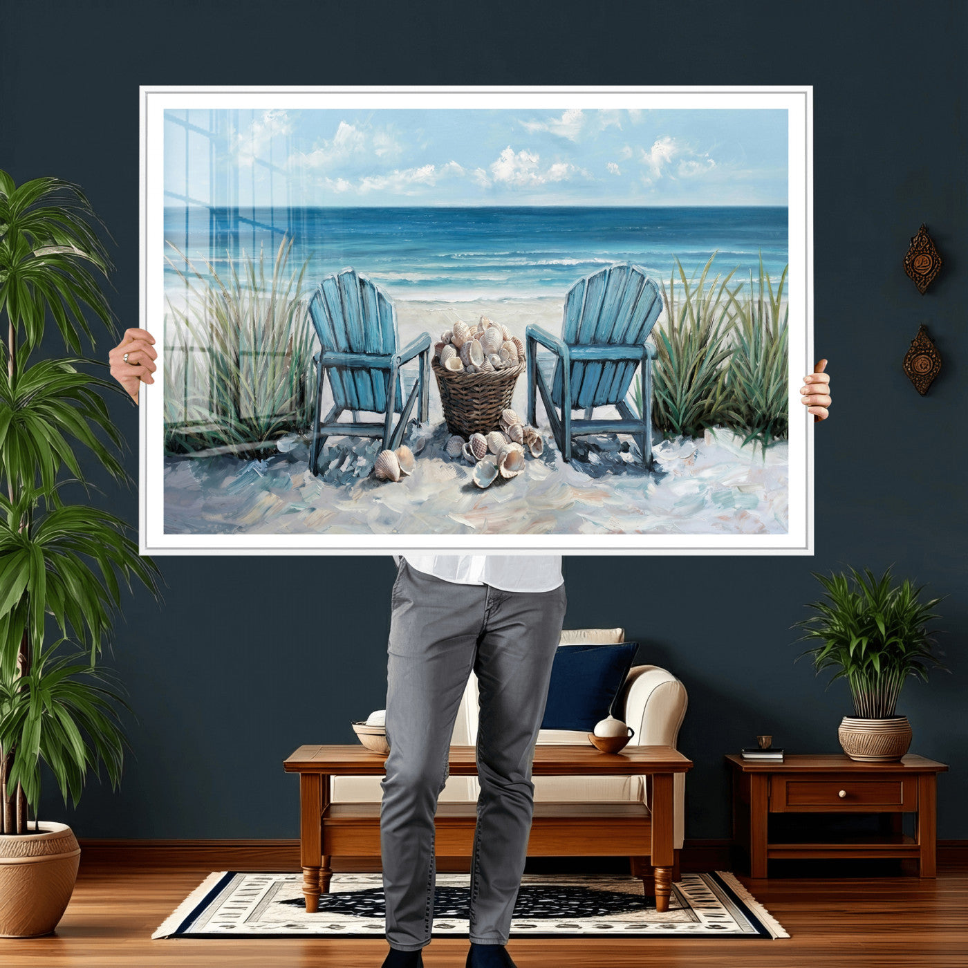 11973028-MGV-CV-36X24 - Beach Canvas Wall Art Coastal Adirondack Chairs Ocean Seashells Blue Nautical Framed Large for Living Room Bedroom Bathroom Decor