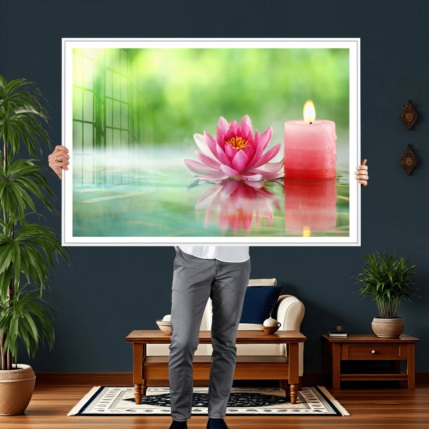 17661715-MGV-CV-36X24 - Zen Lotus Candle Canvas Wall Art Pink Spa Meditation Relaxation Green Bokeh Framed Large for Bathroom Bedroom Living Room Office Decor