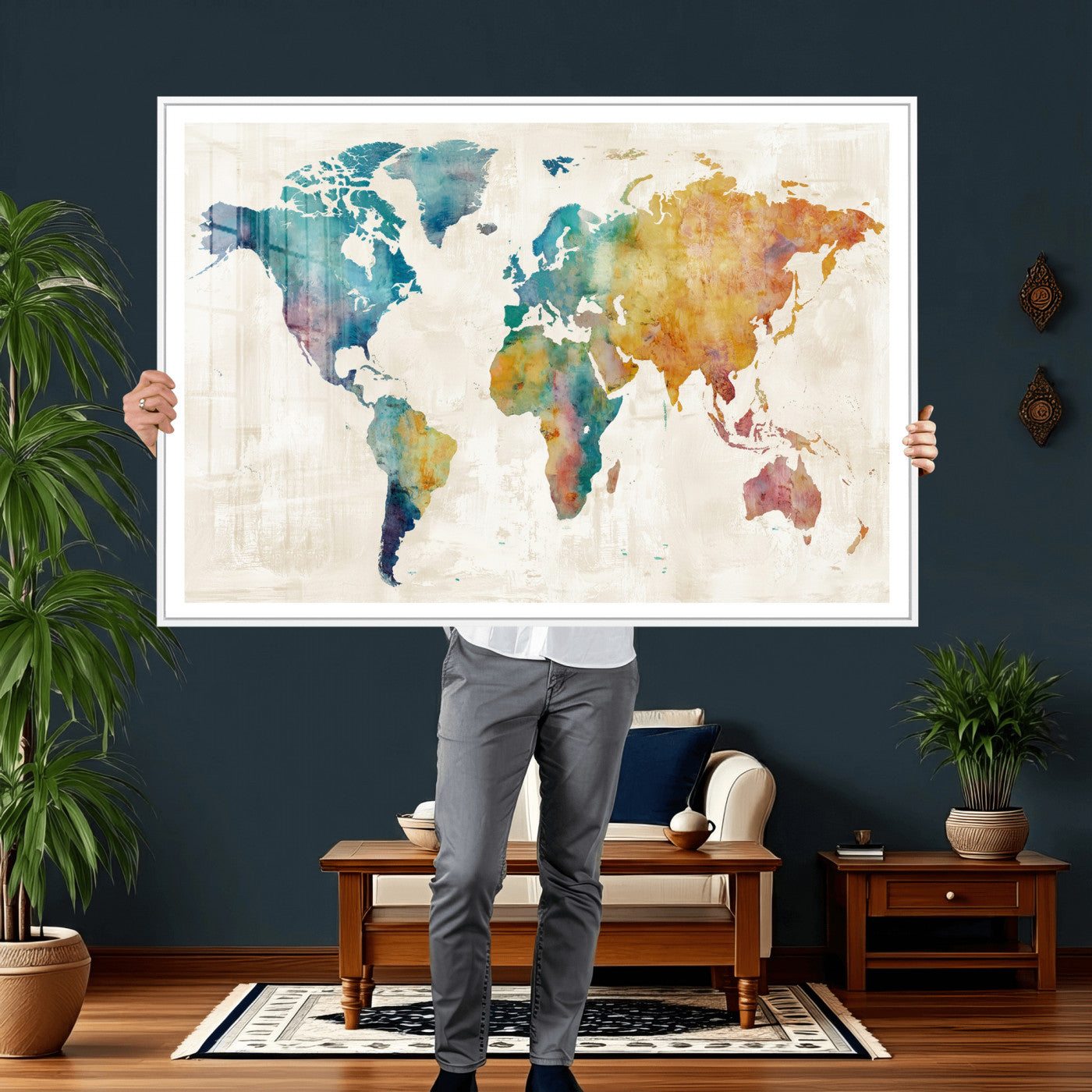 56556018-MGV-CV-36X24 - Watercolor World Map Canvas Wall Art Print – Abstract Colorful Travel Wall Decor