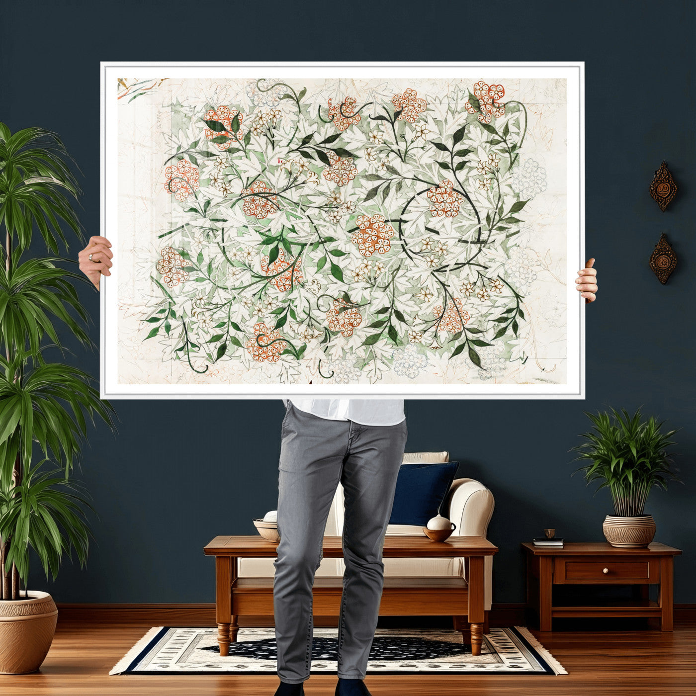 17622011W-MGV-CV-36X24 - William Morris Jasmine Flower Wall Art Canvas Print, Botanical Floral Canvas Print, Vintage Cottagecore Wall Decor, Framed Nature Artwork Ready to Hang