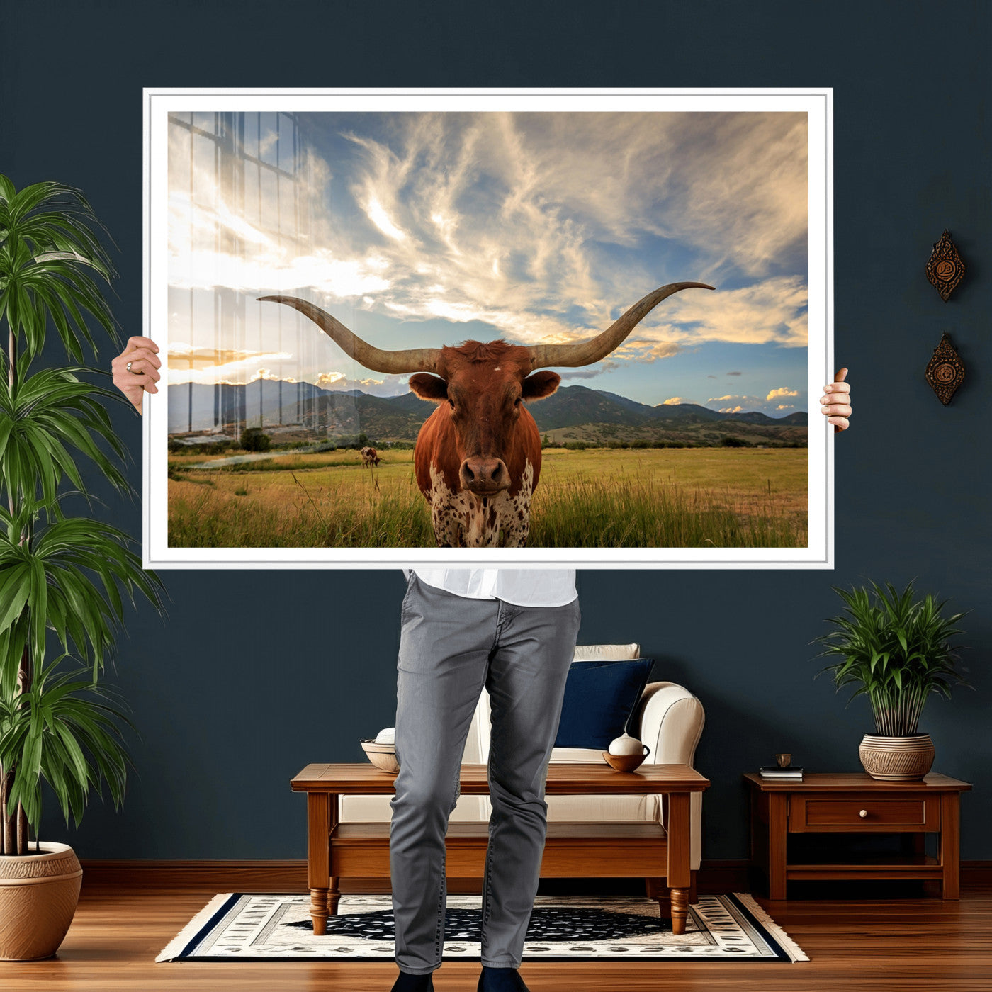 55416-MGV-CV-36X24 - Texas Longhorn Canvas Wall Art – Majestic Triptych Animal Print – Rustic Western Decor for Living Room