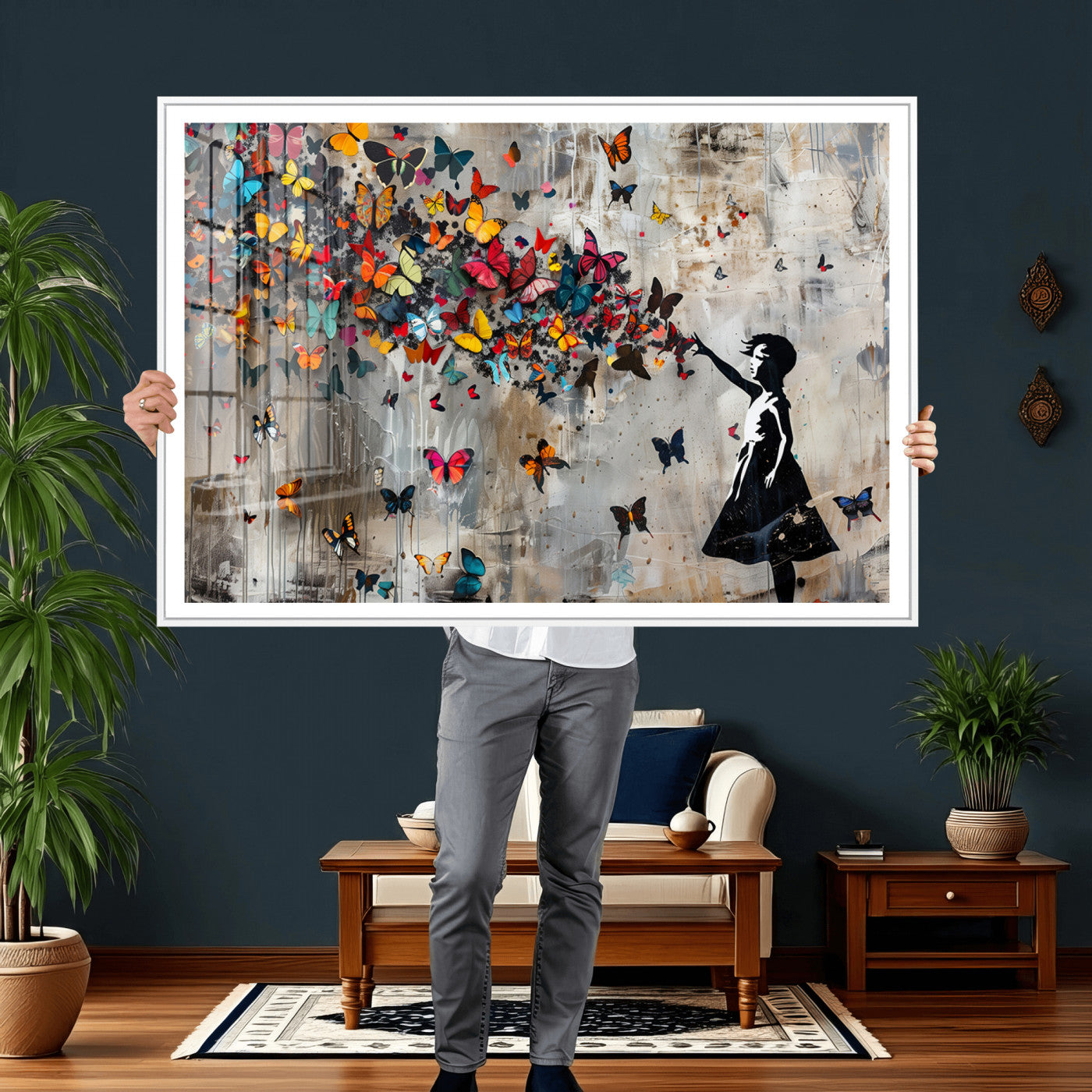 40269-MGV-CV-36X24 - Banksy Wall Art - Banksy Girl and Butterfly Explosion Wall Art Canvas Print | Girl with Butterflies