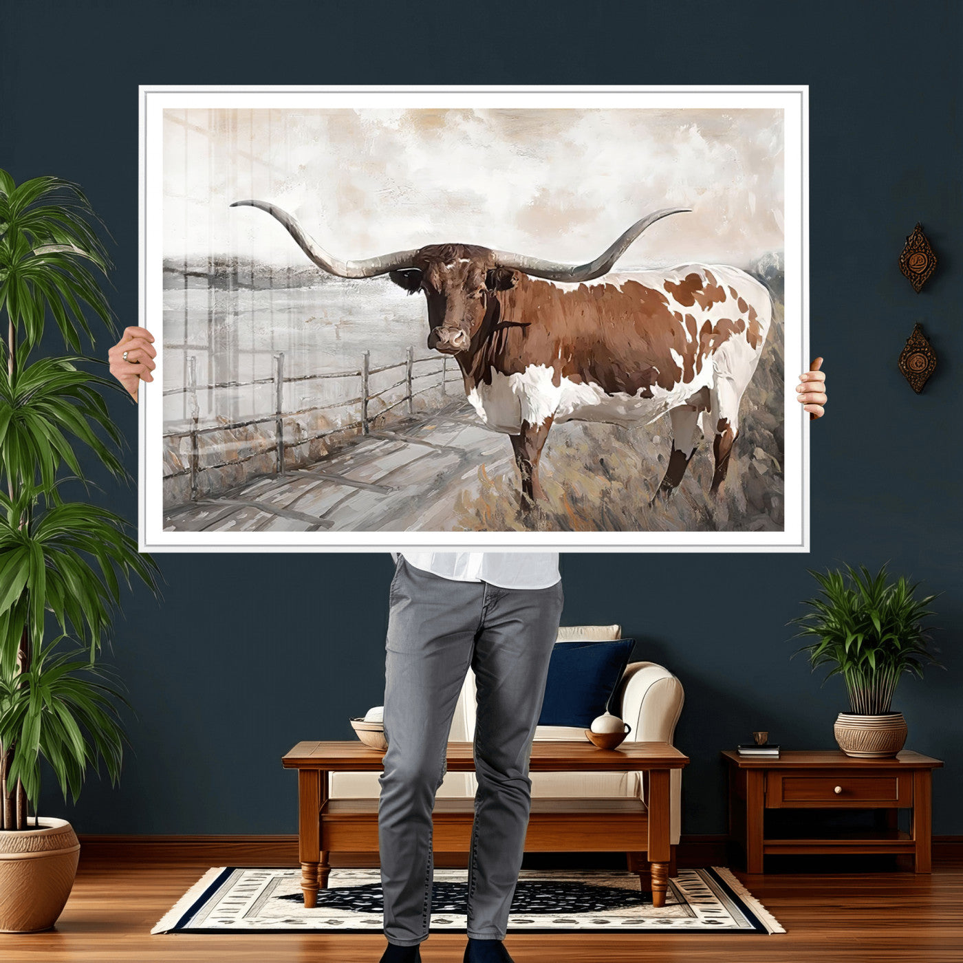57340-MGV-CV-36X24 - Vintage Texas Cow Wall Art Canvas Print, Rustic Longhorn Wall Art | Canvas Print for Farmhouse Decor