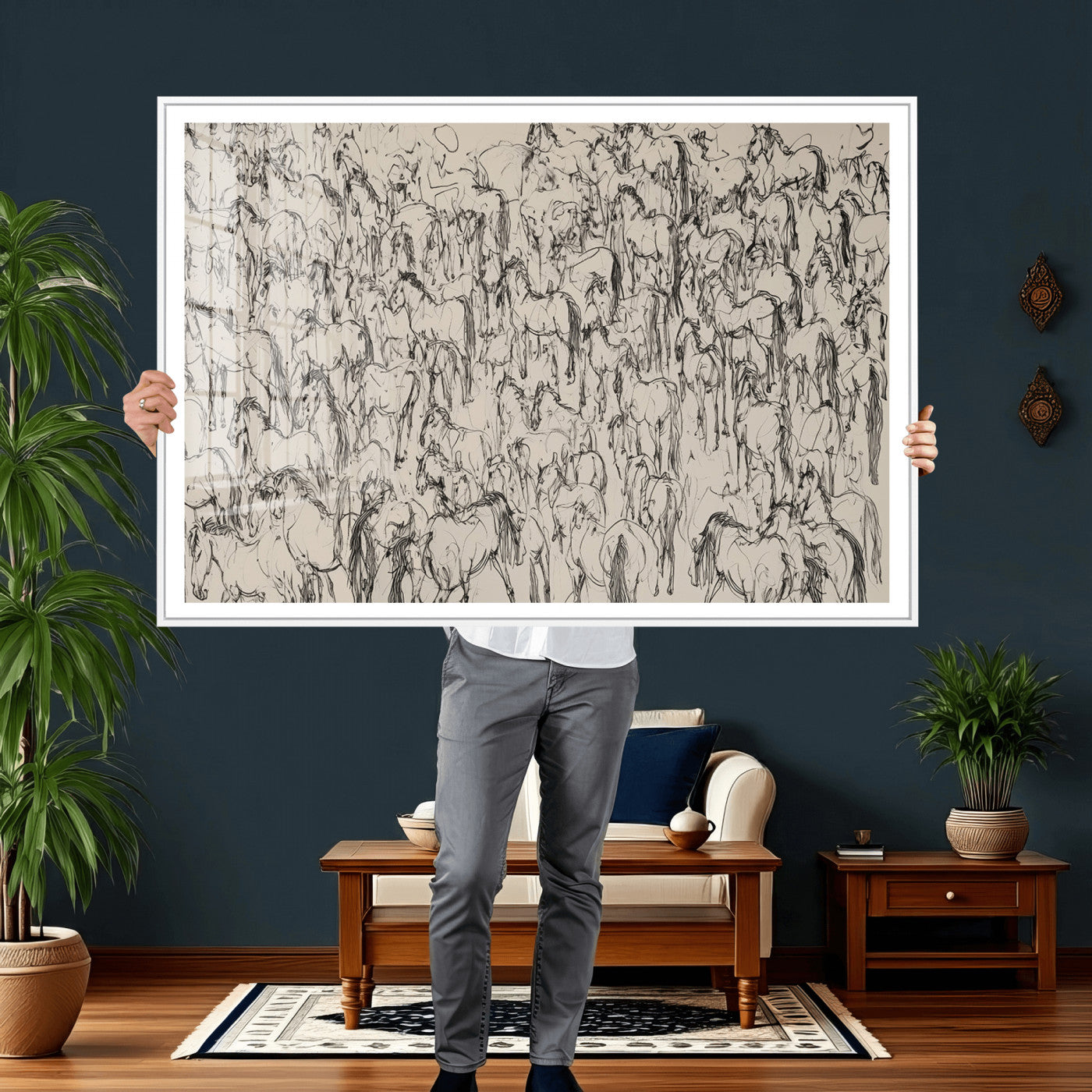 25718-MGV-CV-36X24 - Abstract Horse Sketch Wall Art | Ready to Hang and Framed | Farmhouse Wall Decor for Barn Wall