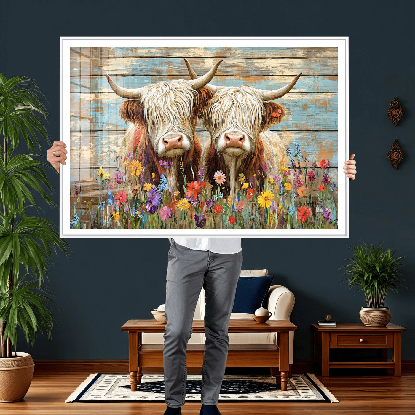 36972-MGV-CV-36X24 - Cute Highland Cow Canvas Wall Art - Rustic Farmhouse Decor with Colorful Flowers Perfect Wall Art