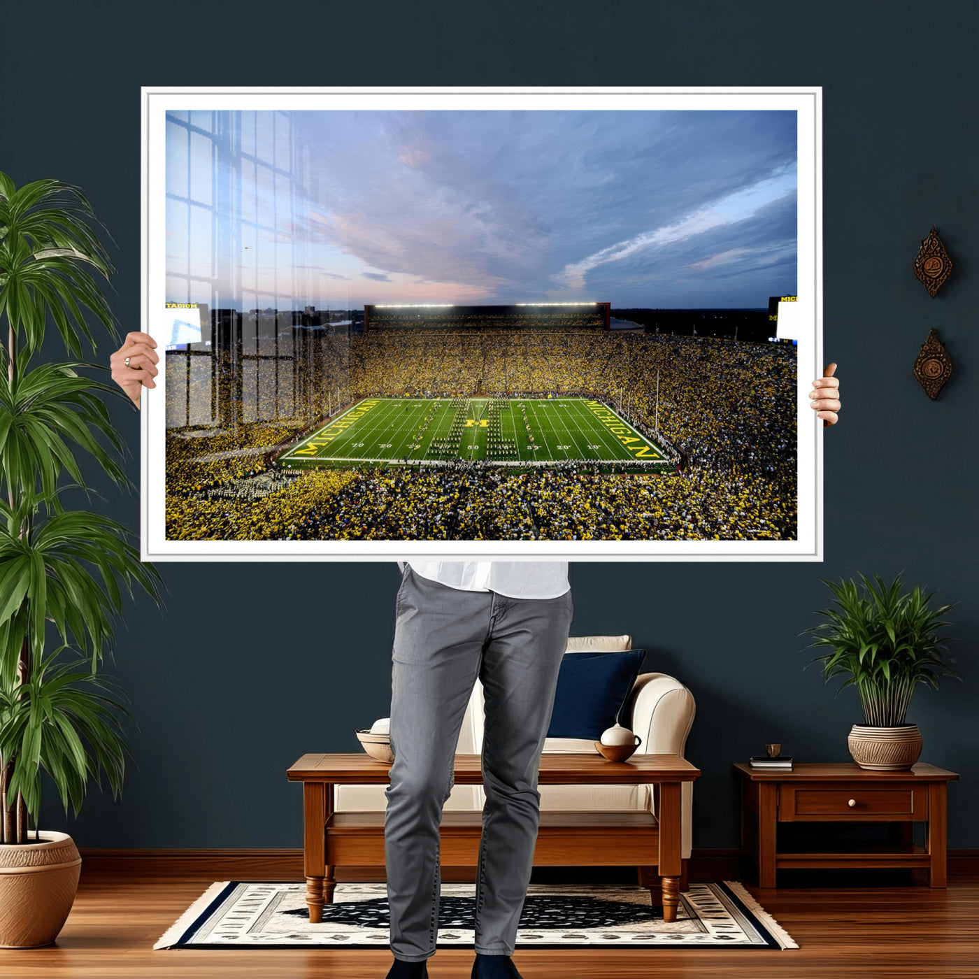82641-MGV-CV-36X24 - Michigan Stadium Wall Art Canvas Print, Vibrant Game Day Crowd and Sunset Sky Football Field Artwork for Home, Office