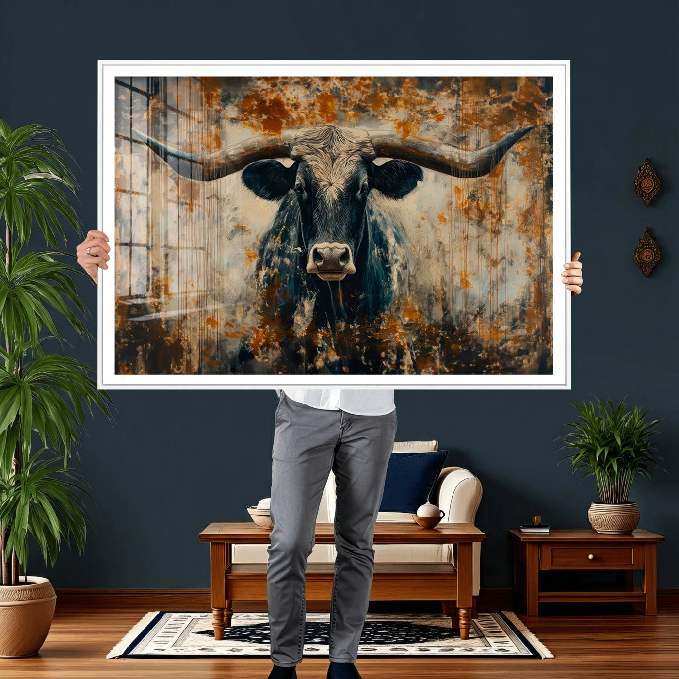 85913-MGV-CV-36X24 - Abstract Longhorn Bull Wall Art | Rustic Western Wall Decor | Framed and Ready to Hang | Ideal for