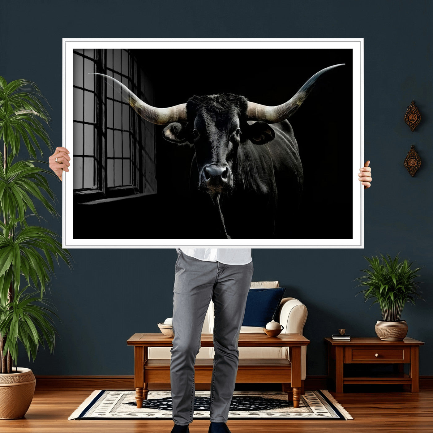 20679-MGV-CV-36X24 - Texas Black Longhorn Bull Wall Art Canvas Print - Western Texas Cattle Rustic Decor Print - Longhorn