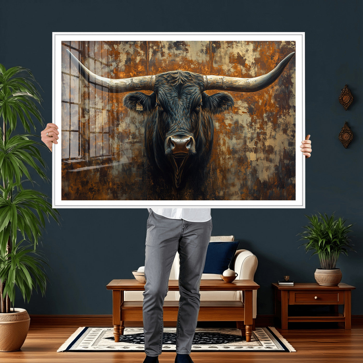 68068-MGV-CV-36X24 - Longhorn Texas Cow Bull Wall Art | Rustic Farmhouse Canvas Print | Ready to Hang Barn Decor for