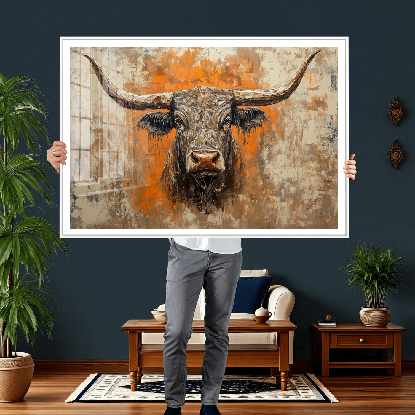 49976-MGV-CV-36X24 - Abstract Cow Longhorn Bull Wall Art Canvas Print - Rustic Texas Western Cattle Artwork