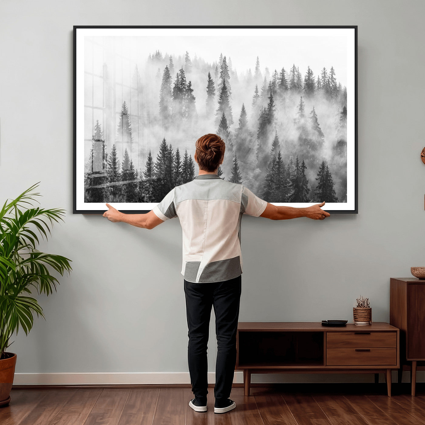 10422-MGV-CV-36X24 - Forest Wall Art Print | Foggy Pine Forest Canvas Wall Art - Black and White Nature Decor for Living