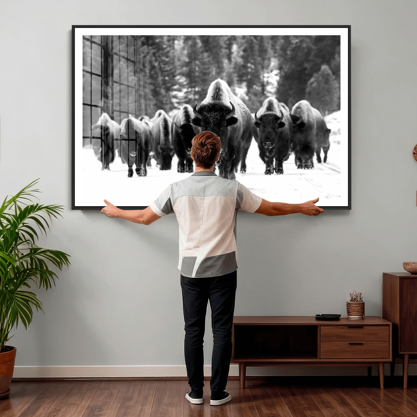 62434-MGV-CV-36X24 - Bison Herd in Snow Wall Art Canvas Print | Rustic Western Bison Wall Art for Decor for Living Room