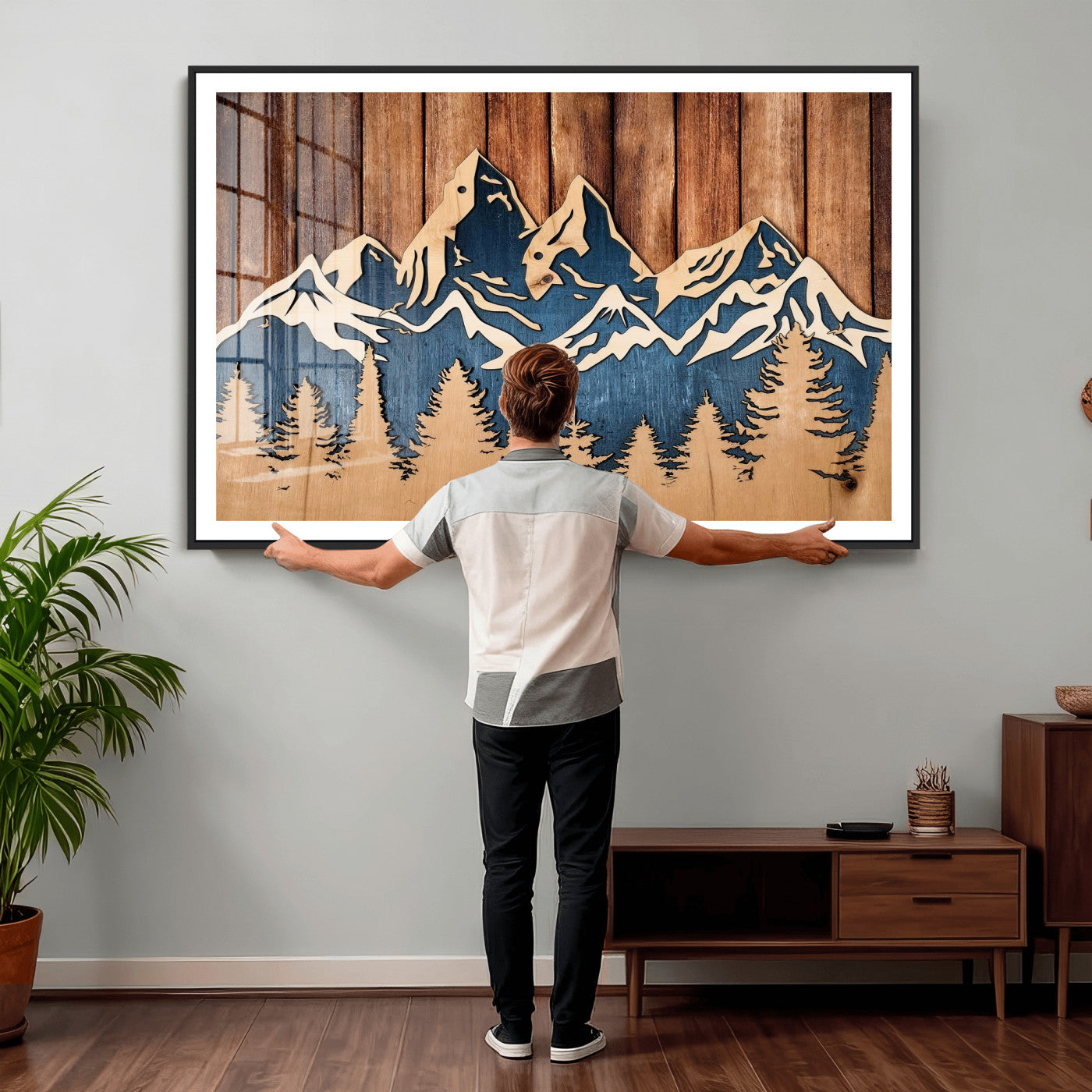 41330-MGV-CV-36X24 - Rustic Wood Style Mountain Wall Art, Nature Forest Canvas Print, Wooden Textured Mountain Artwork Print
