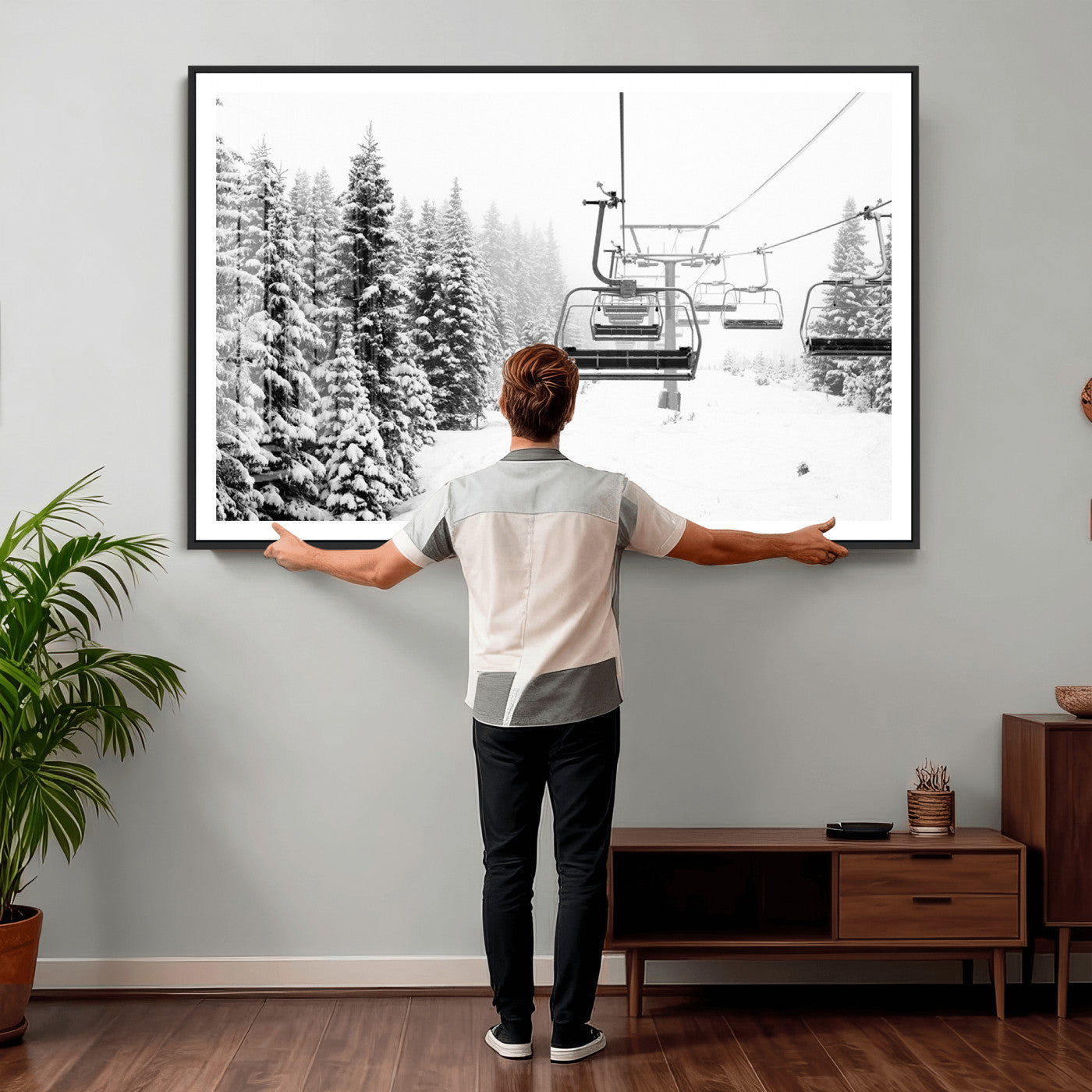 70609-MGV-CV-36X24 - Winter Forest Wall Art Canvas Print, Framed Snowy Forest Art Picture Print, Winter Ski Lift Perfect