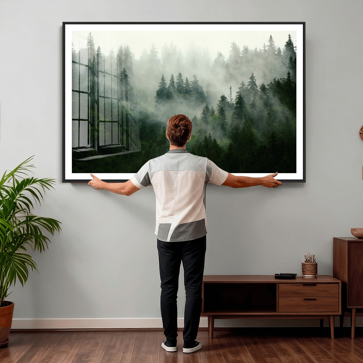 167720496-MGV-CV-36X24 - Misty Forest Mountain Wall Art Canvas  | Large 3-Panel Foggy Landscape Canvas Print | Nature Misty