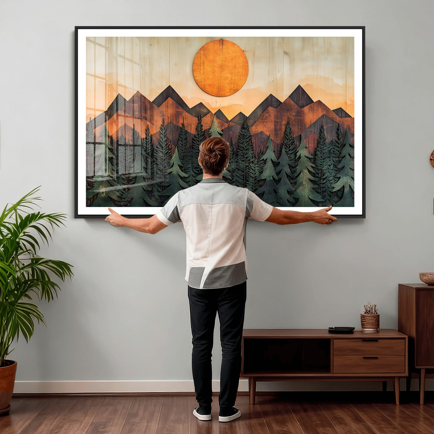 77739-MGV-CV-36X24 - Wood Style Sunset Mountain Landscape Canvas Wall Art Print - Nature Decor for Living Room, Office