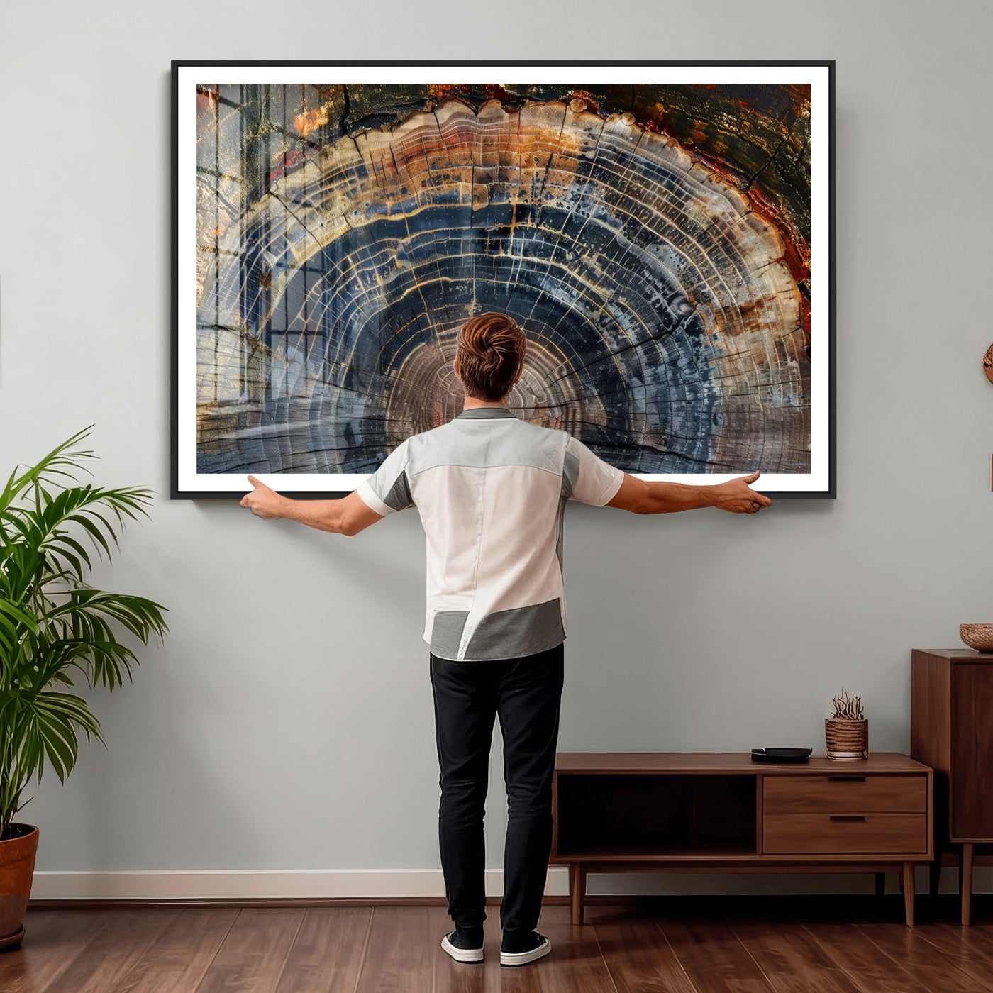 16193-MGV-CV-36X24 - Framed Wood Tree Ring Wall Art - Abstract Colorful Wood Ring Wall Decor for Minimalist Home Decor