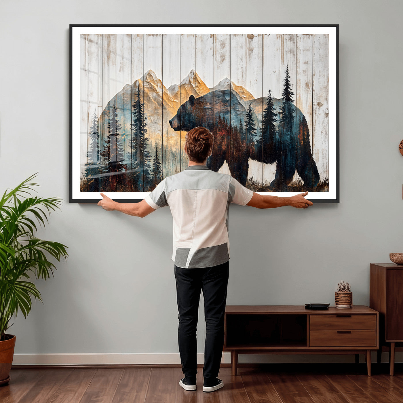 90077-MGV-CV-36X24 - Rustic Bear Wall Art - Grizzly 399 Bear Wall Art - Mountain Wood Canvas Wall Art - Nature Theme