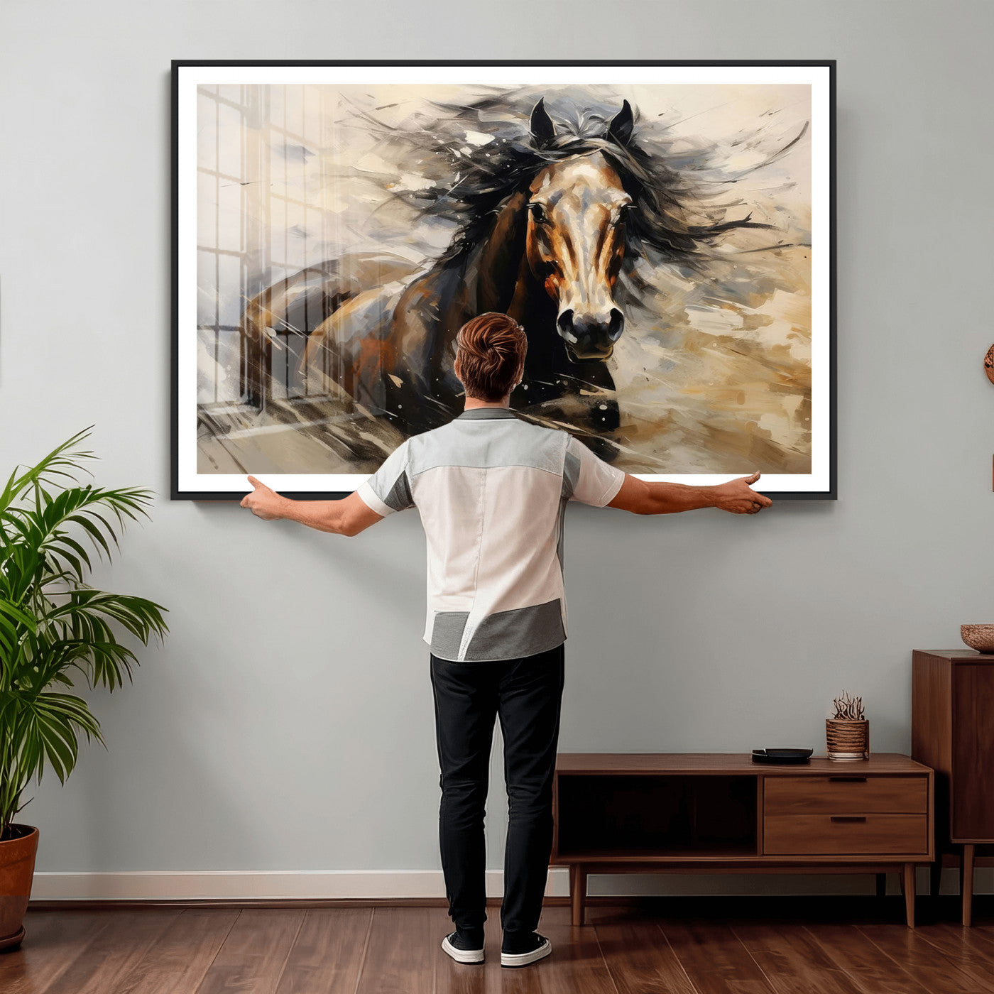 53001-MGV-CV-36X24 - Abstract Wall Art Horse Print - Large Western Horse Canvas - Farmhouse Woodland Wall Art - Framed